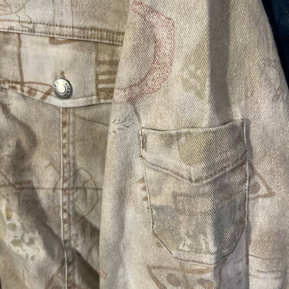 Vintage Chico’s 90’s Design Tribal Printed Beige Denim Jacket Womans Size 2