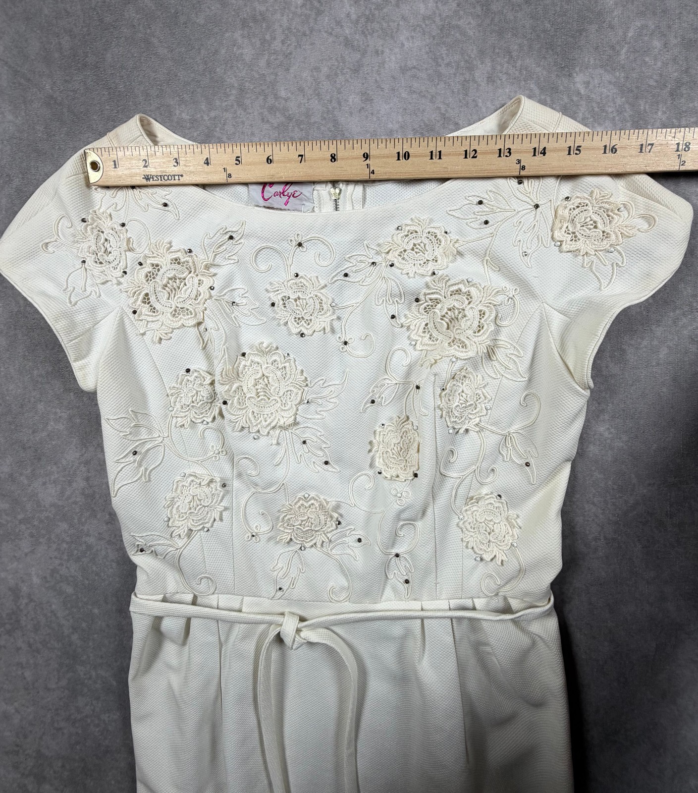 Carlye Vintage Womens Dress Ivory Floral Applique Cap Sleeve XS/S 50s 60s