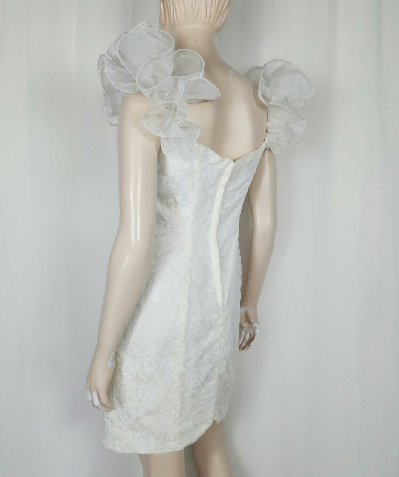 Vtg 80s puff ruffle shoulder lace mini dress S keyhole beaded