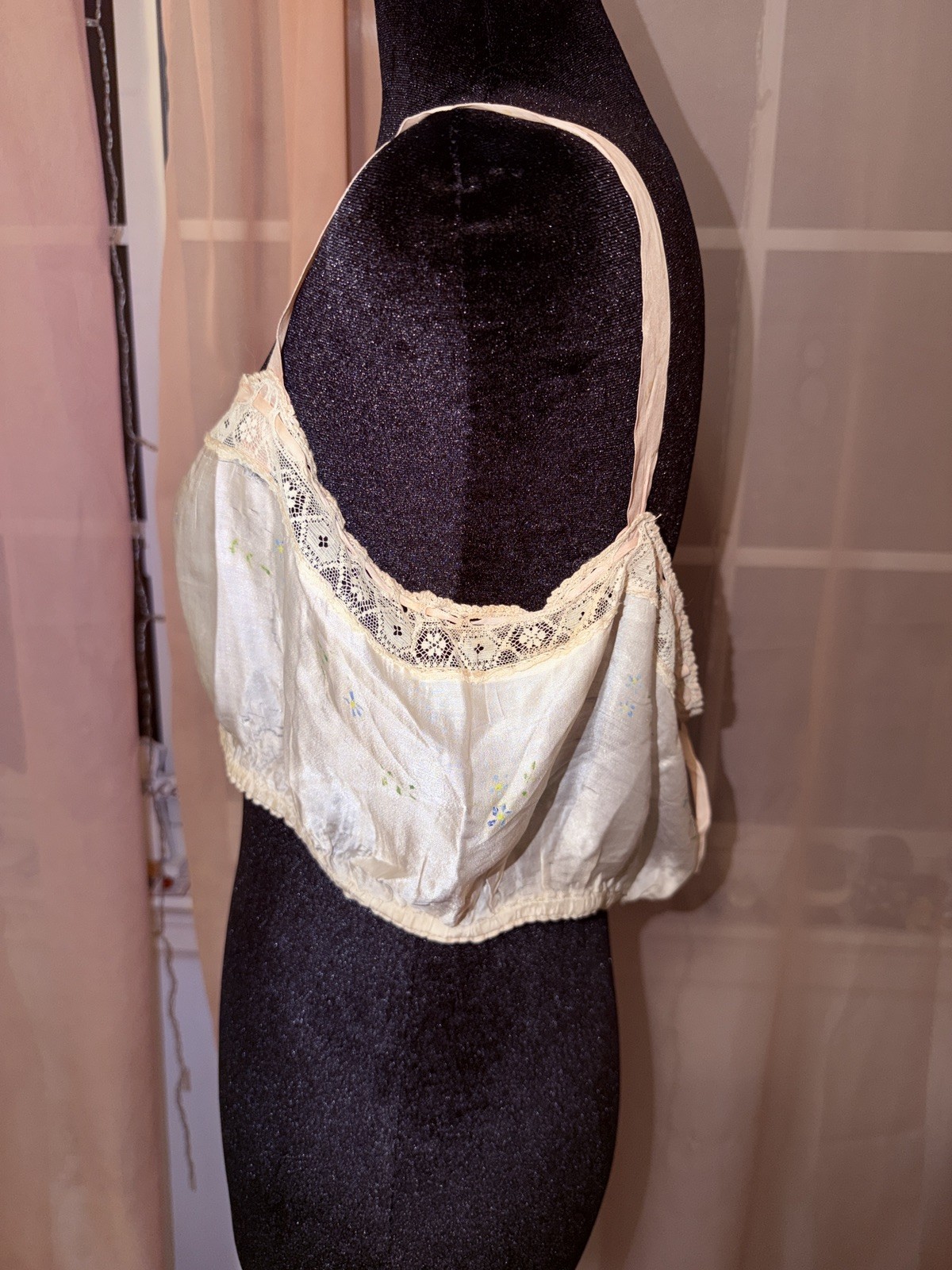 Antique 1920 Flapper Silk Bandeau Bra Camisole Filet Lace Ribbon Trim Lingerie S