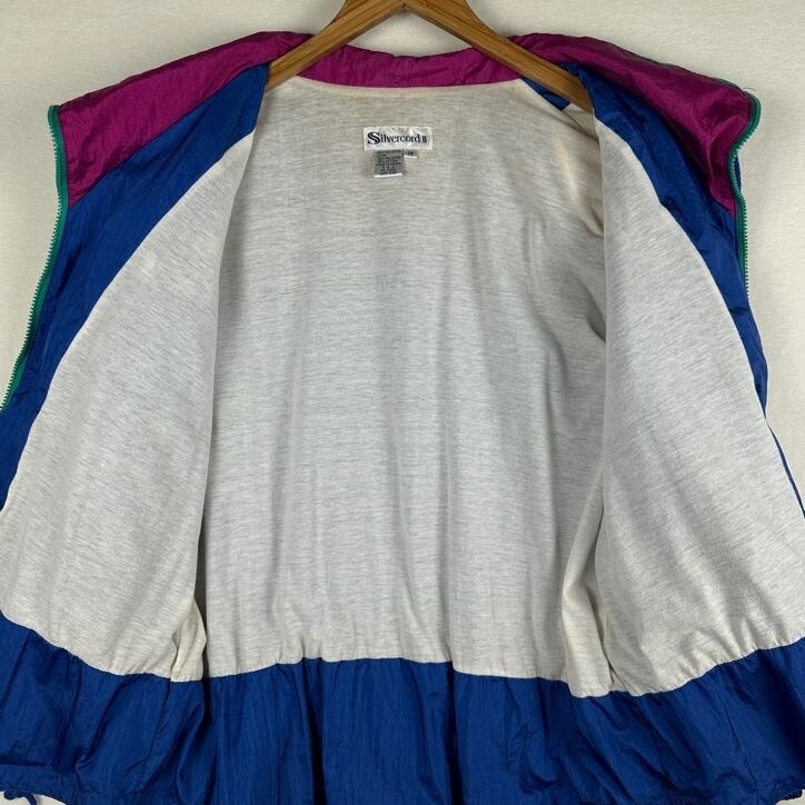 Women’s 1X Windbreaker 90s Silvercord II Blue Purple Retro Full Zip Jacket Vtg