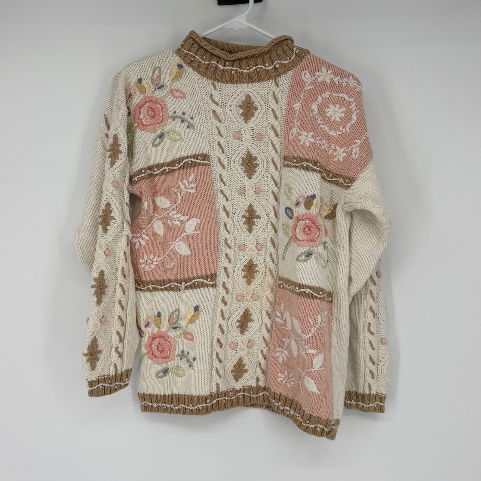 Vintage Floral Embroidered Cable Knit Sweater Cream Pink Small Cottage