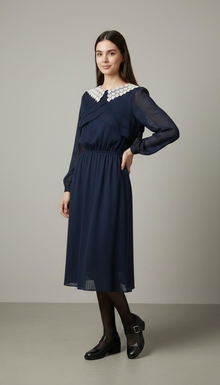 Rice Pudding Ltd Vintage 70s 80s Lace Collar Dress Navy Blue Striped Made in USA