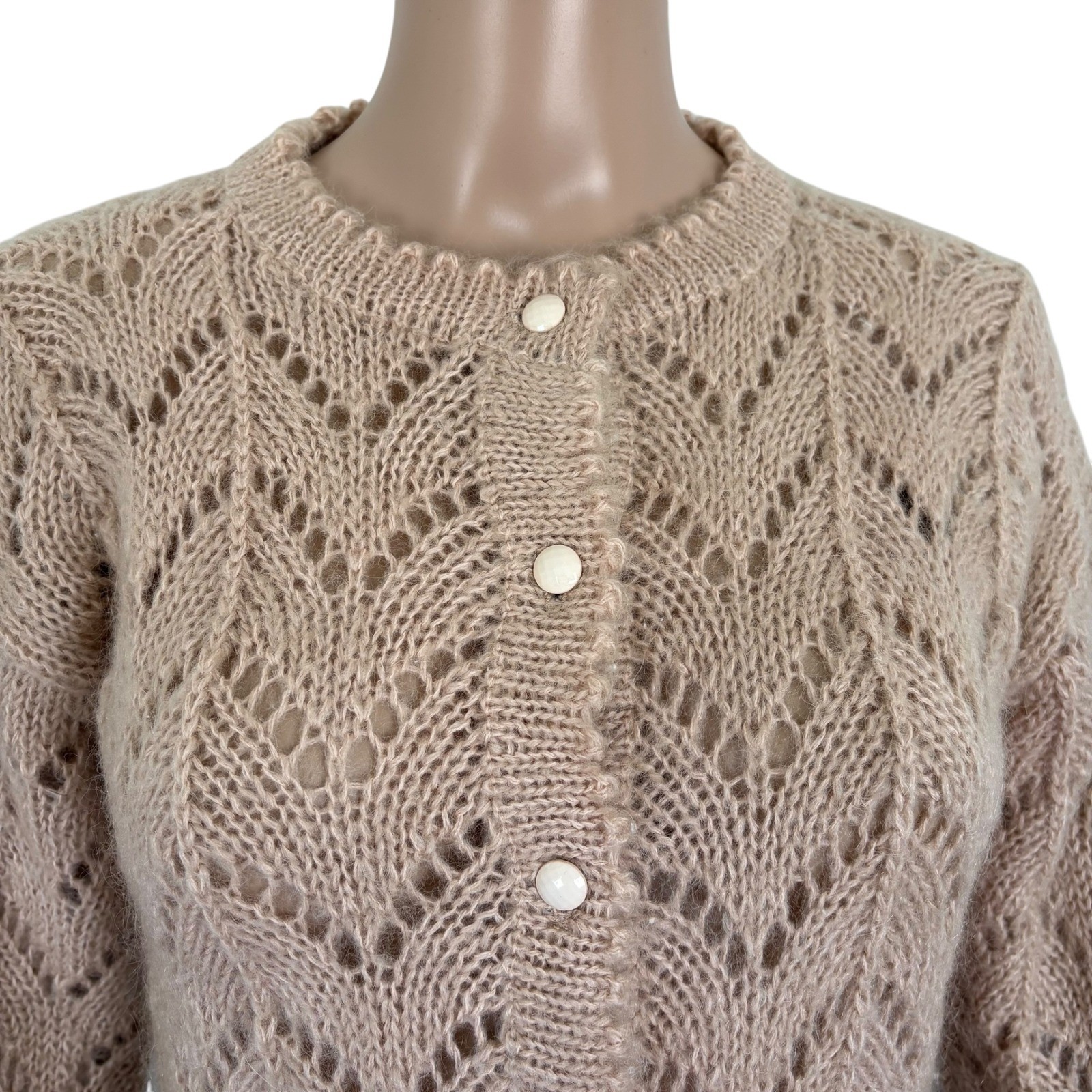 JG Hook Vintage Mohair Blend Pointelle Chevron Knit Cardigan Sweater Tan Pink S