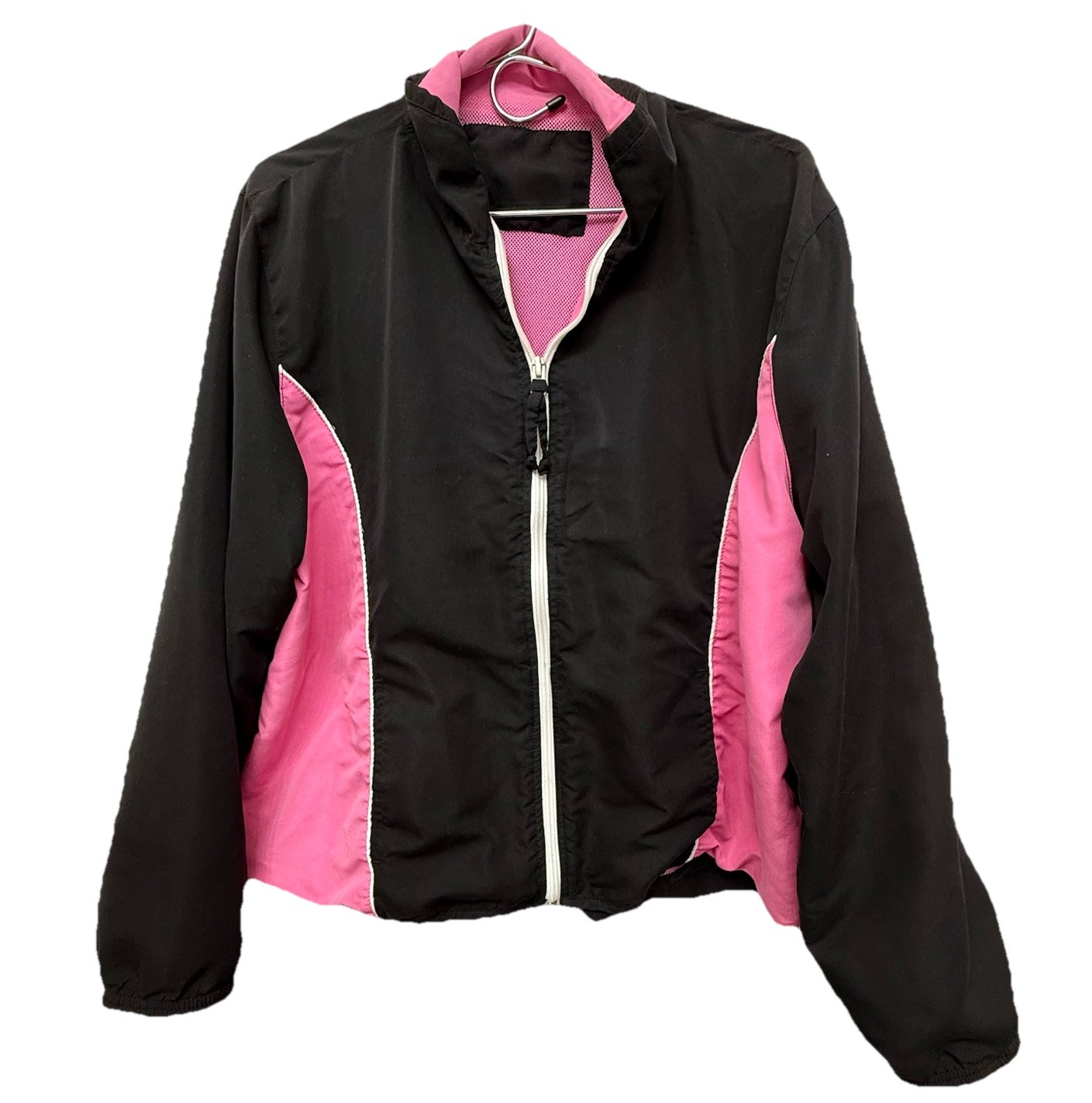 VINTAGE BLACK PINK WINDBREAKER JACKET, CHEST 48, LENGTH 24, SEE PICS FOR FLAWS