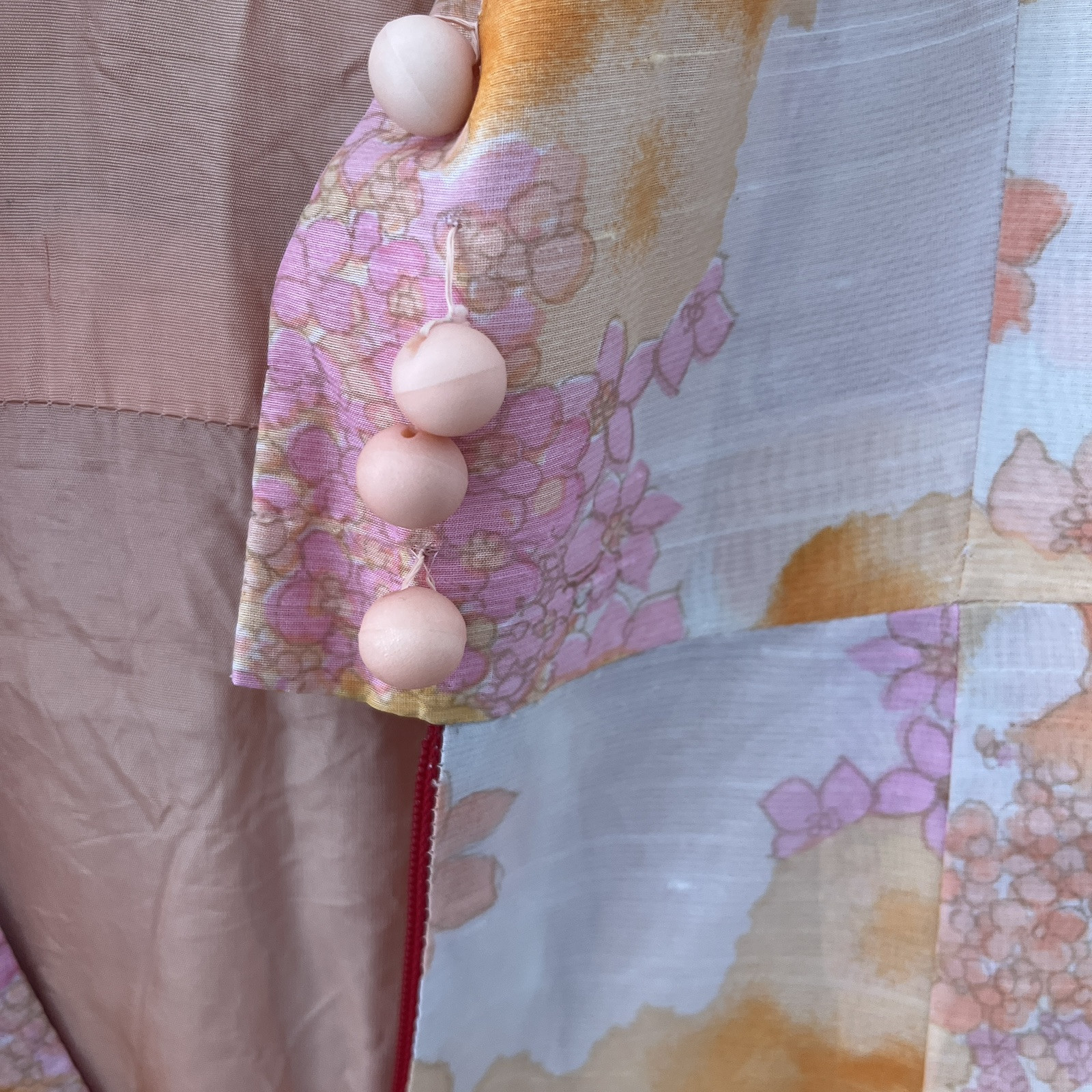 Vintage Orange and Pink Sleeveless Dress V Neck Beaded Abstract Floral Spring