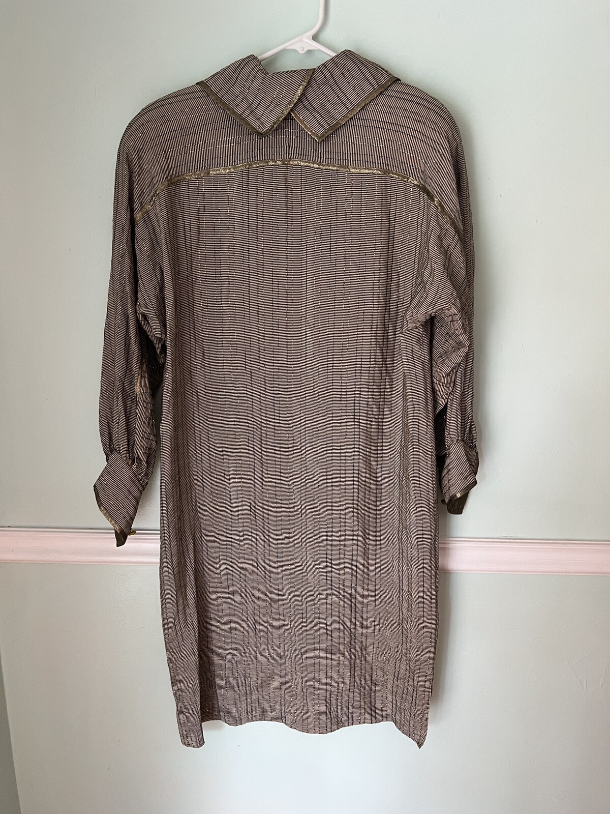 Vintage Geoffrey Beene 14 Gold Stripe Long Aleeve Silk Shift Dress w
