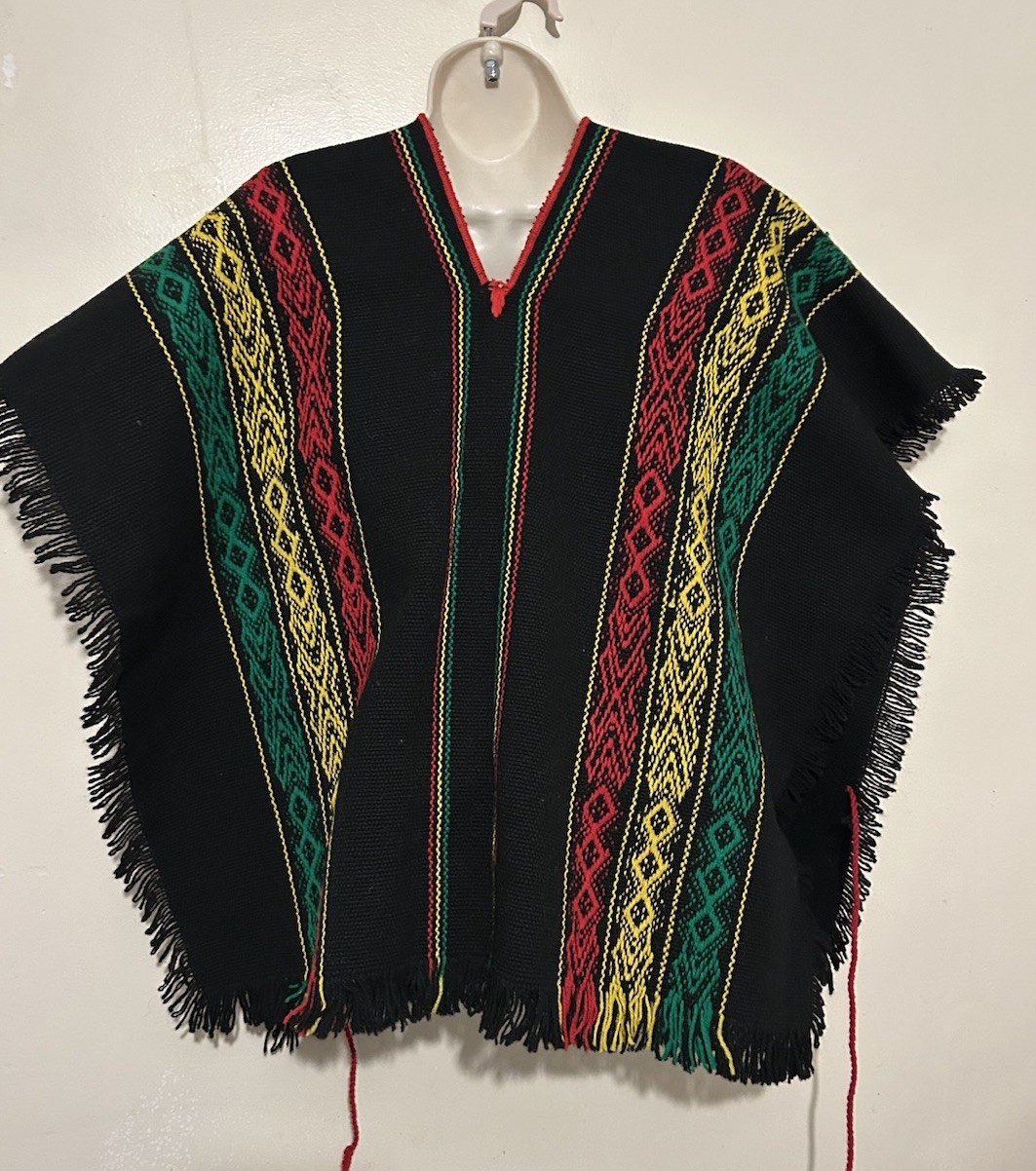 VTG Handmade Wool Blend Argentinian Poncho Vest One Size Black Green Red Yellow