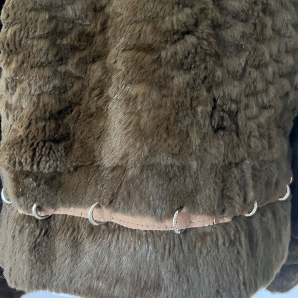 Vintage Brown-Green Real Rabbit & Fox Fur Jacket with Ring Details | Size M