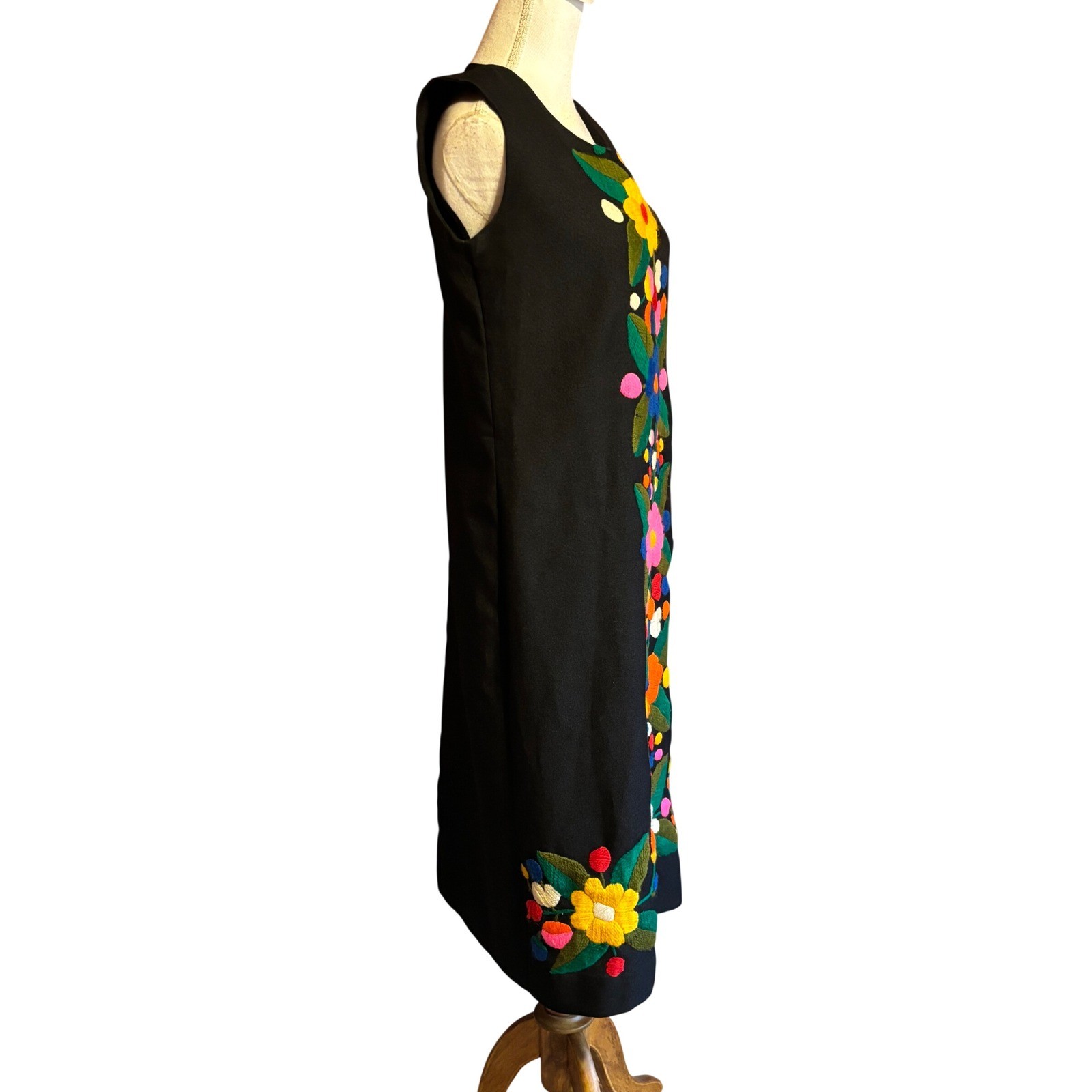 Vintage Thelma Beach Wear Mexico Floral Embroidered Black Shift Dress Midi 10