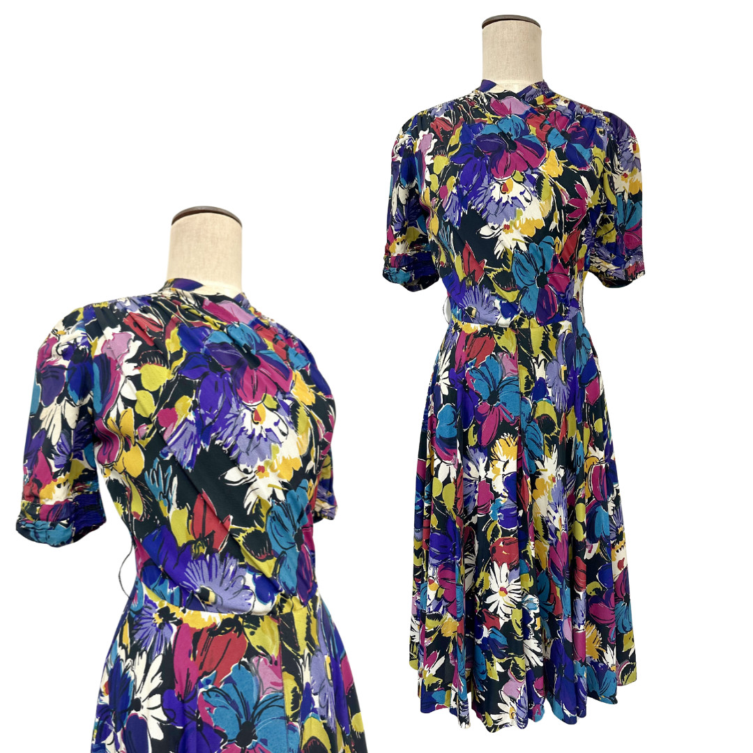 Vintage 1940s Rayon Jewel Toned Screenprinted Floral A-line Day Dress