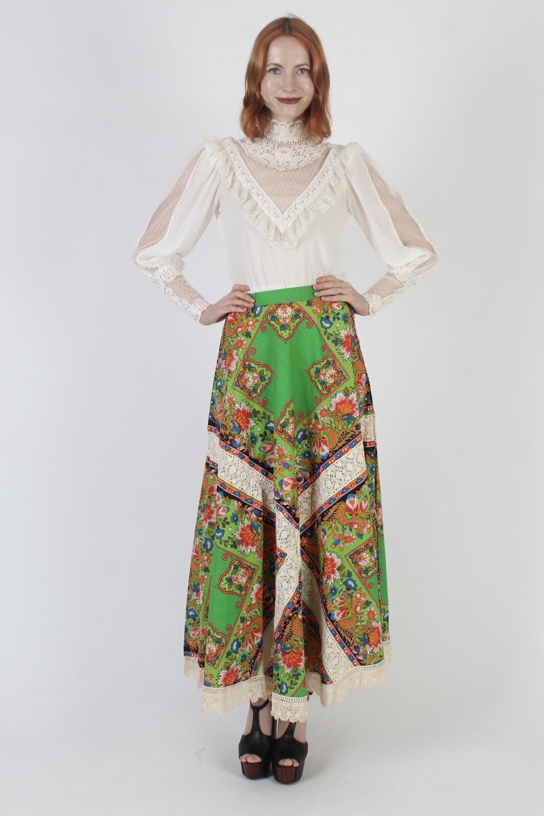 Vtg Long Full Skirt Paisley Handkerchief Hanky Sirt Crochet Maxi Bandana Hippie