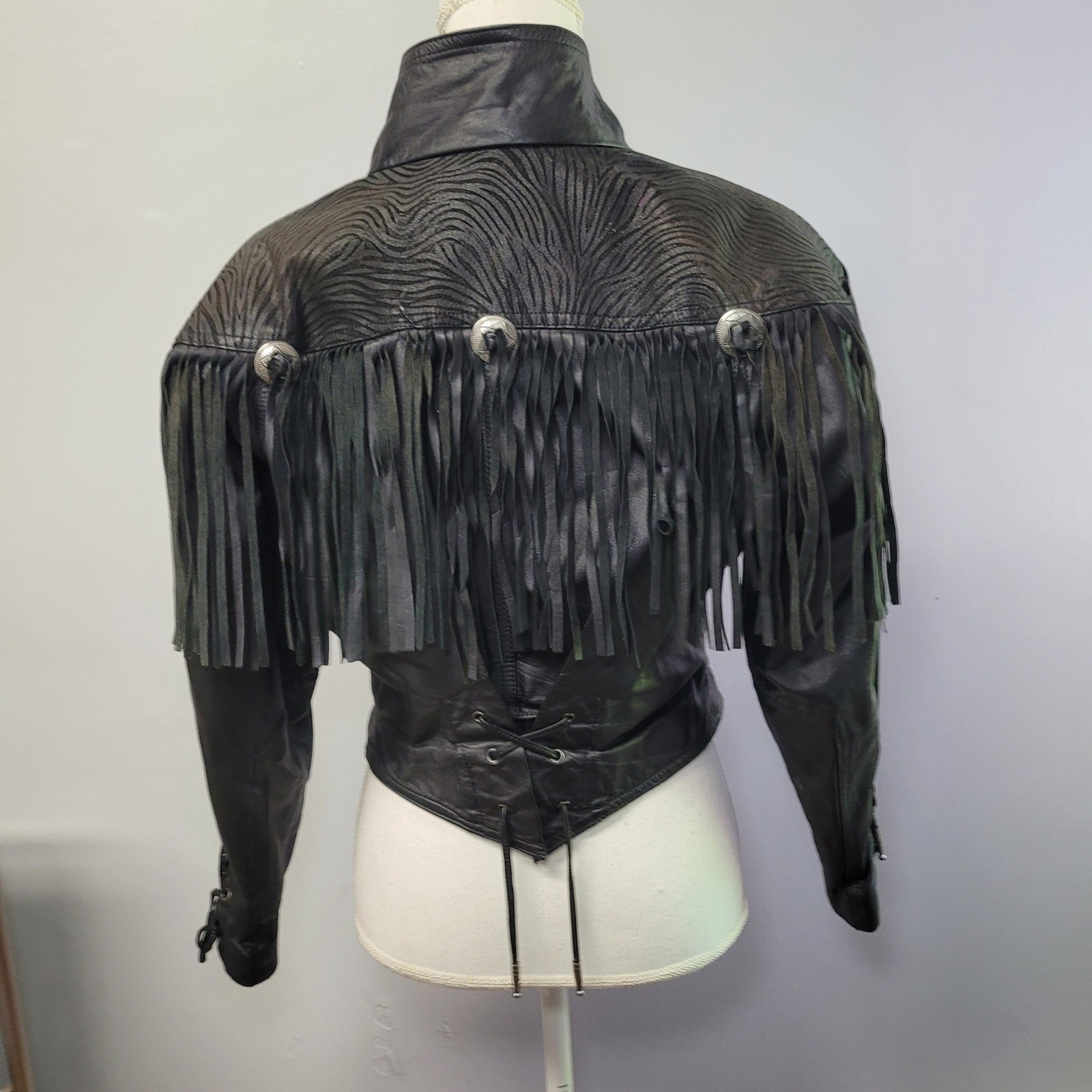 Vintage Black Leather Fringe Western Jacket Zebra Embossed Concho Cropped 90s