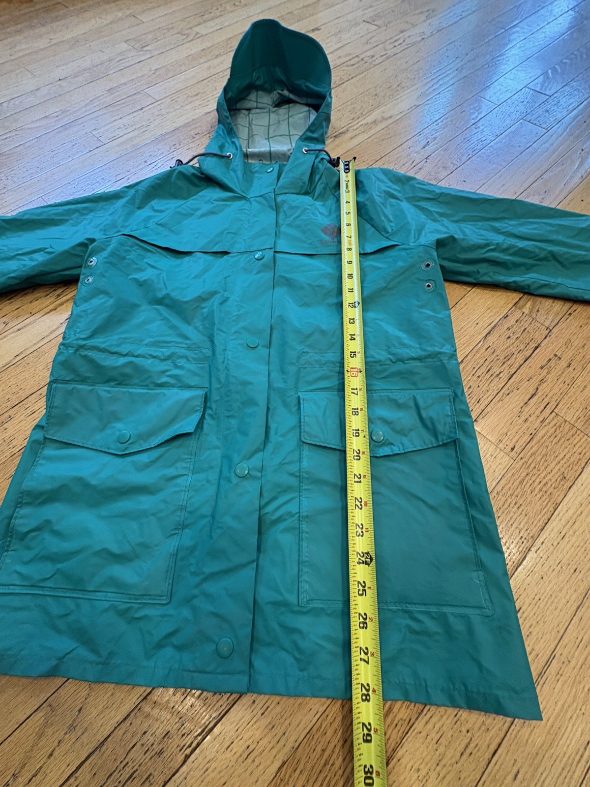 Women’s vintage Columbia Waterproof Hooded Rain Coat Teal S Mid-Length Zip/Snap