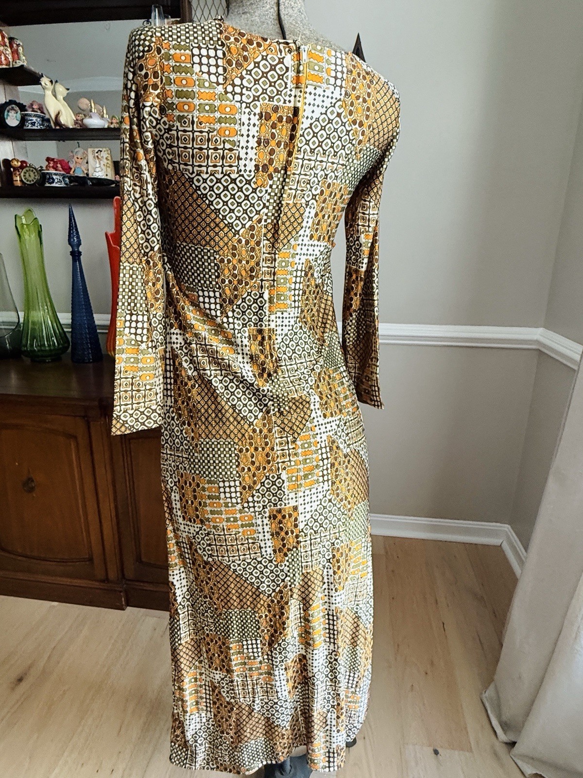 Vintage 70s Funky Print Brown And Orange Lace Up Midi Dress Size S
