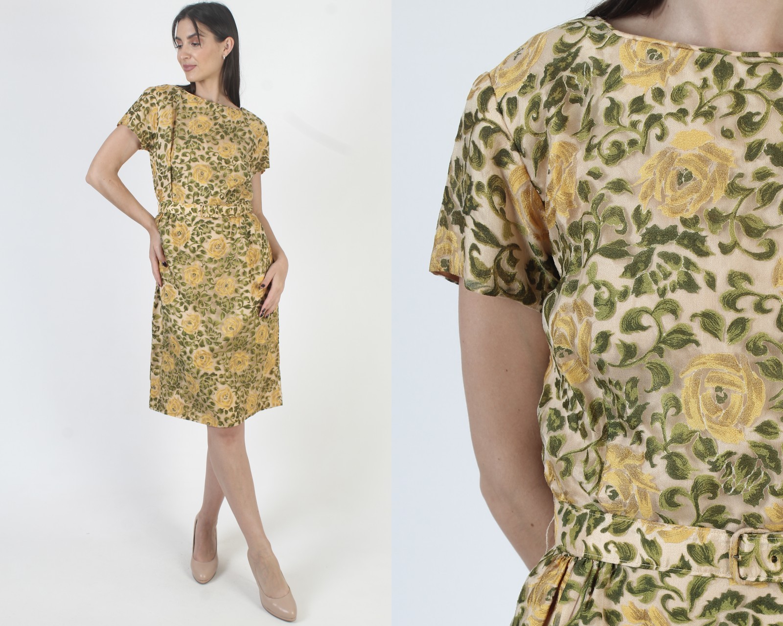 Vintage 50s Belted Wiggle Dress Garden Floral Pin Up Rockabilly Retro MCM Skirt