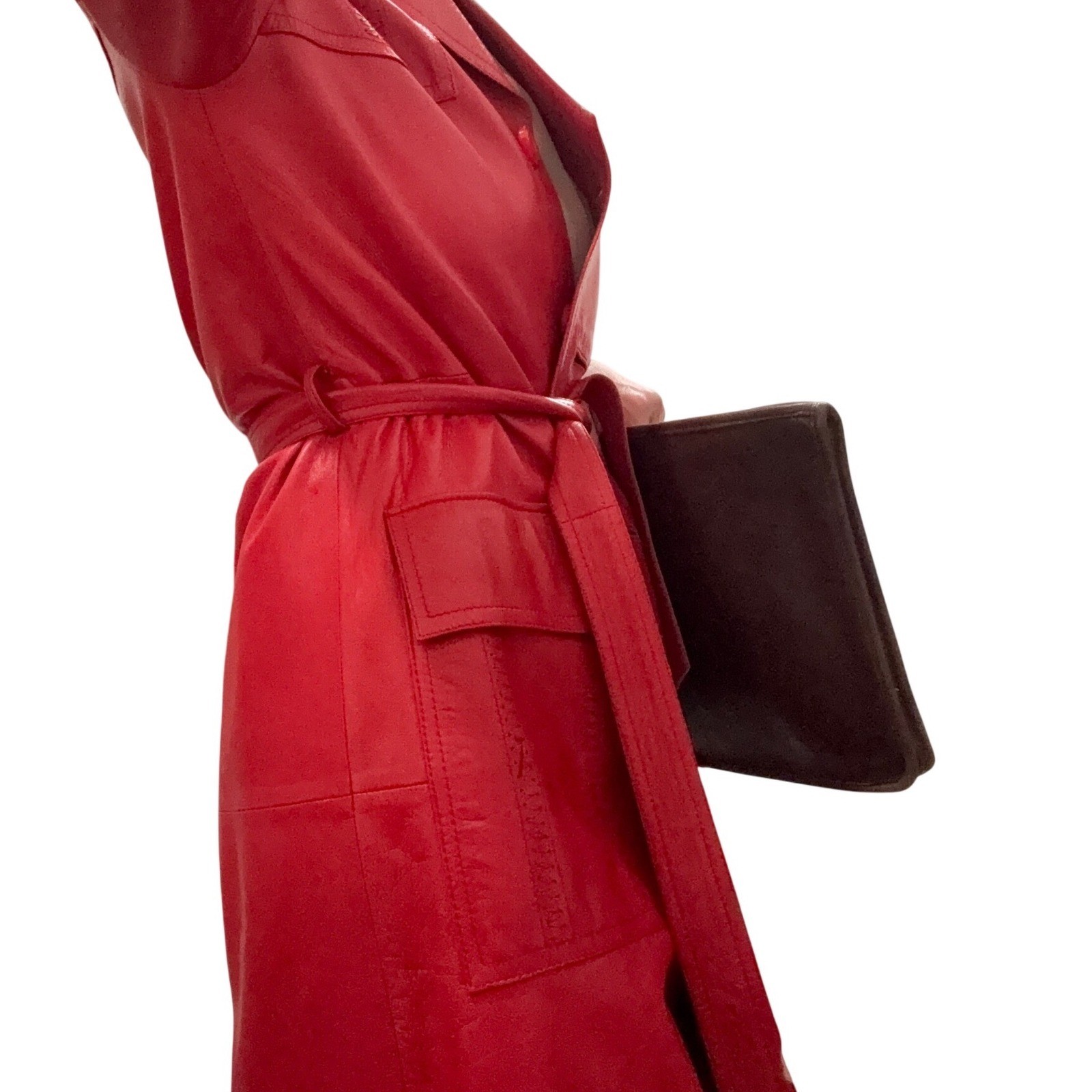 Leda Spain by Gropper Belted Leather Trenchcoat S Red — Excellent