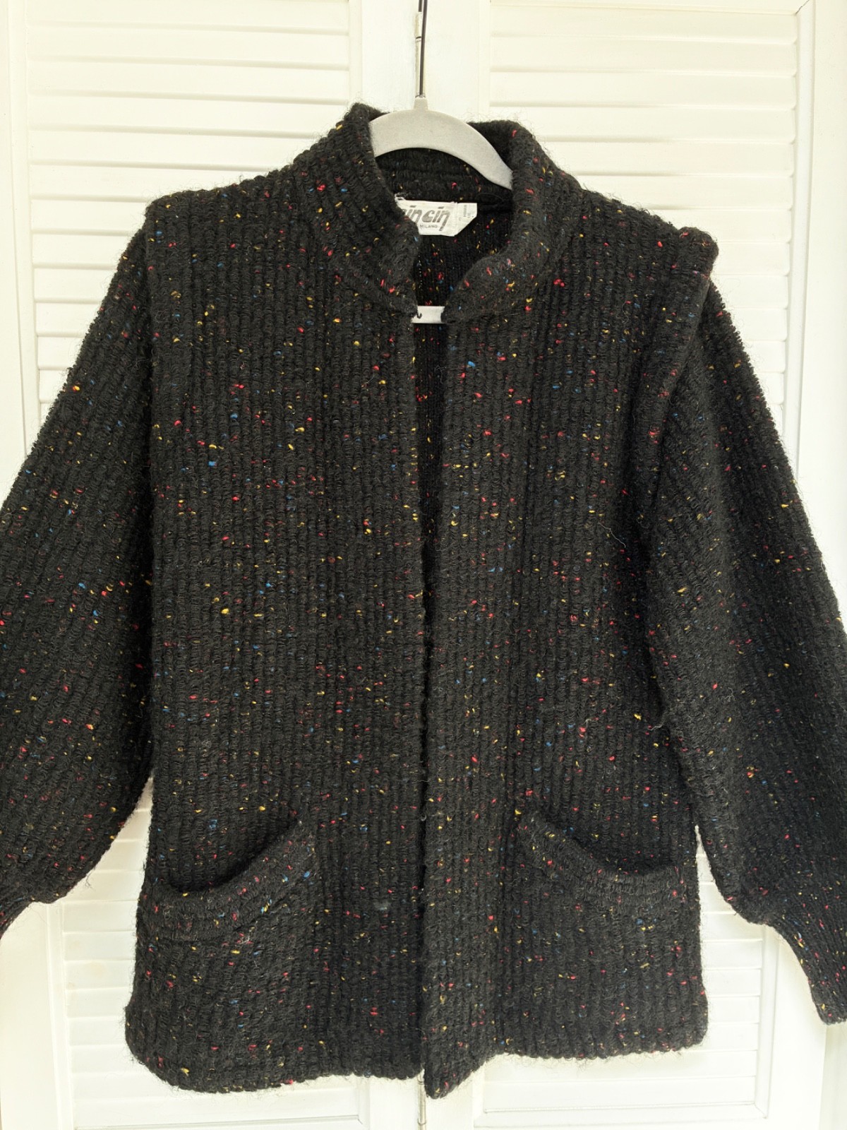 Vintage Sweater Jacket Black Wool Confetti Yarn Speckled Cin Cin 1970’s 1980’s