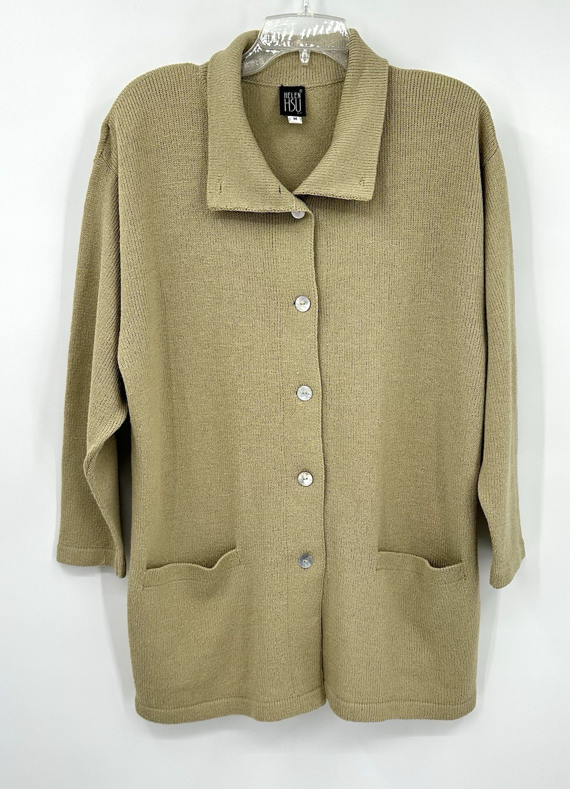 vintage HELEN HSU NY 2 piece knit pant set cardigan jacket XL tan 90s relaxed