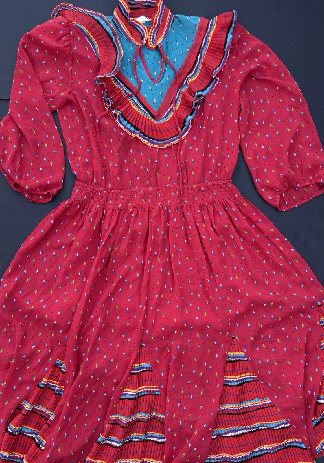 80s Vintage Assorti by Susan Freis Ruffle Midi Bodice Dress Large Colorful