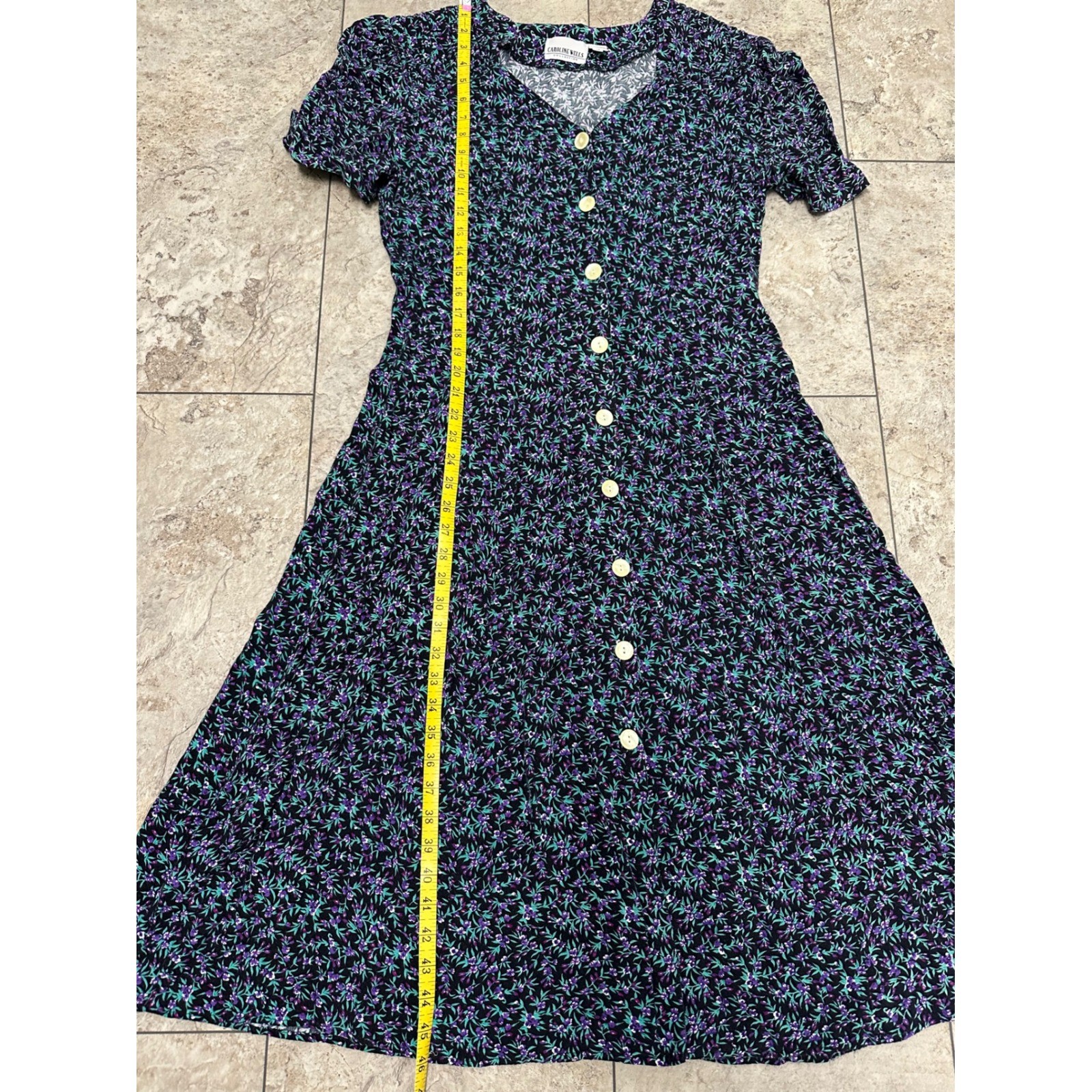 Caroline Wells Vintage Floral Button Front Midi Dress Purple Teal Rayon Size 14