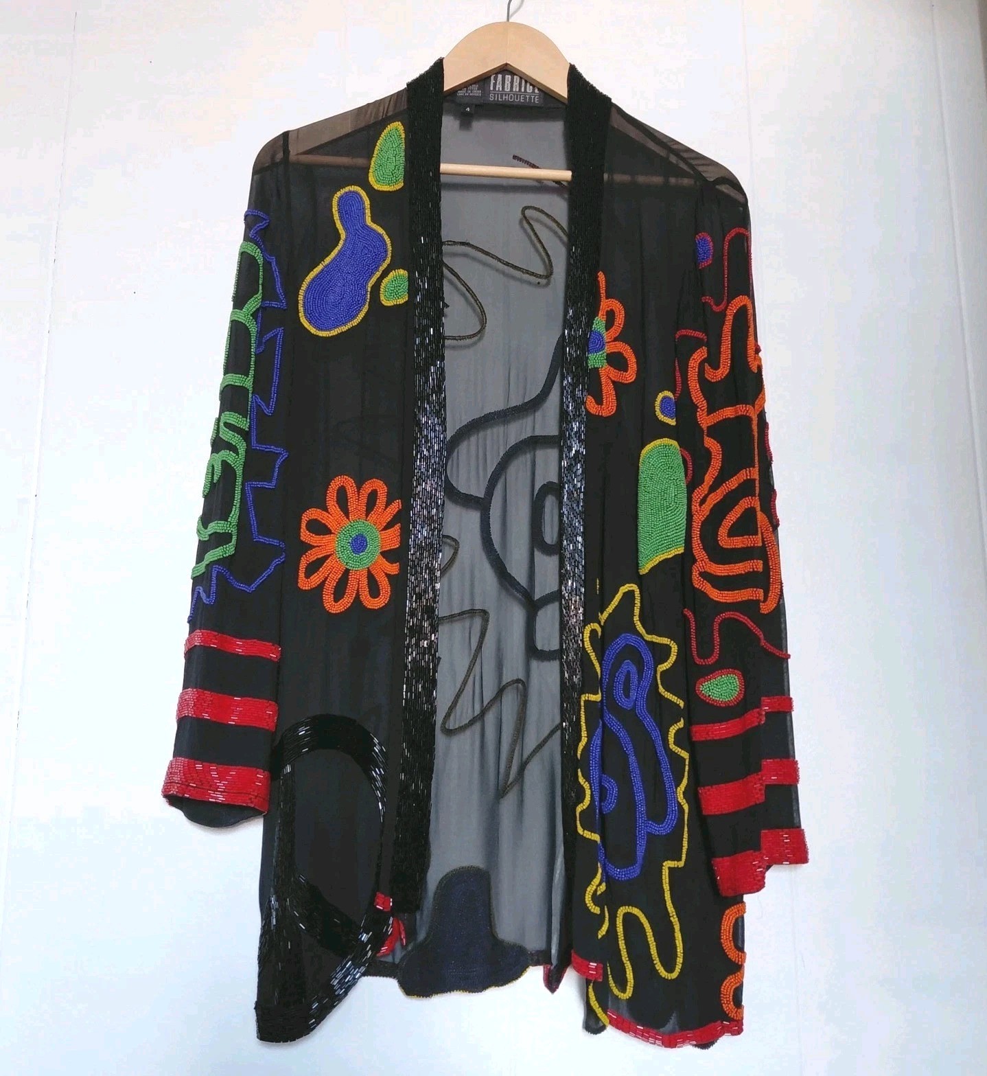 Vintage Fabrice Silhouette Beaded Jacket 1980s Women Silk Black Designer Haiti
