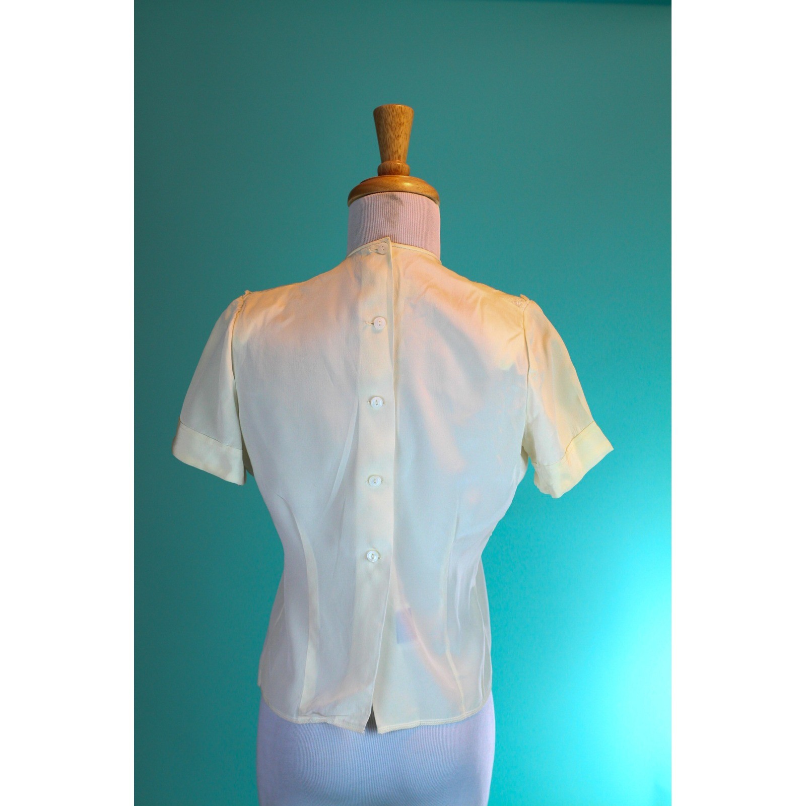 Vintage 1950s Na-Ma-Blouse California Creator Lace Bib Button Back Dress Shirt S
