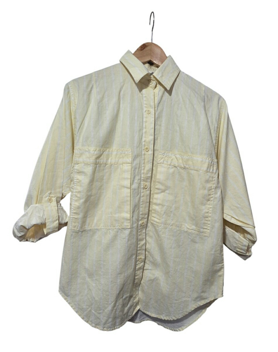 VTG 80s Ilio Striped Yellow White Button Up Shirt Roll Tab Sleeve Size S