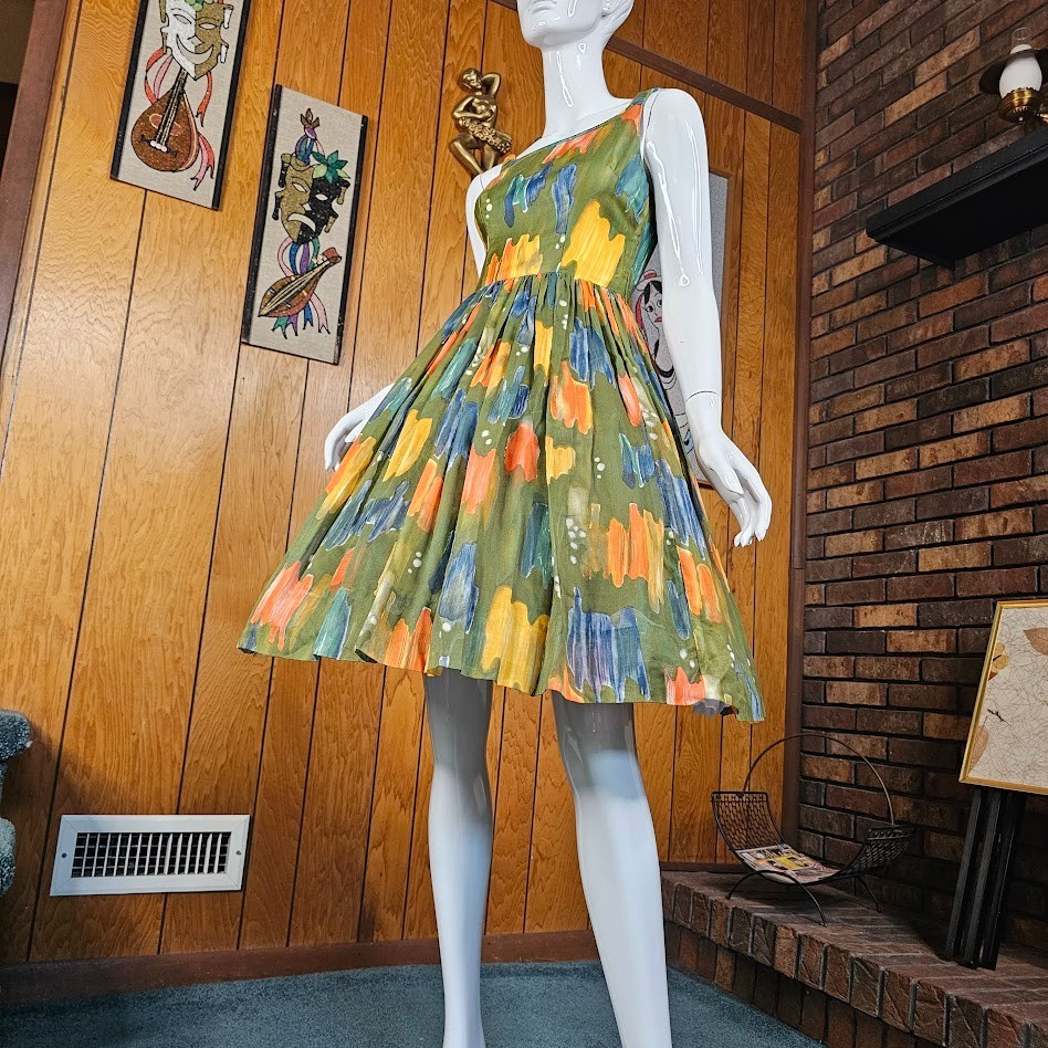 Vtg 50s Novelty Olive Paint Splatter Voile Circle Skirt Party Prom Dress XS/S P