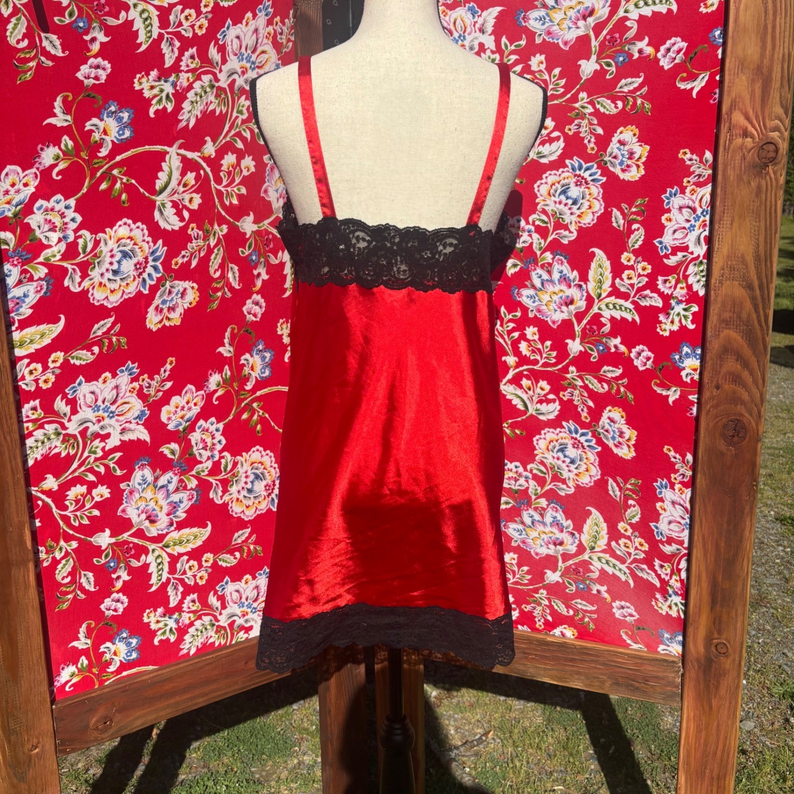 VTG Red Satin Back Lace Trim Lingerie Mini Slip Dress Romantic Goth Size M