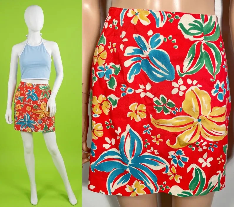 Vintage 1990s Cotton Tropical Floral Bright Bold Mini Skirt Size 28 Waist