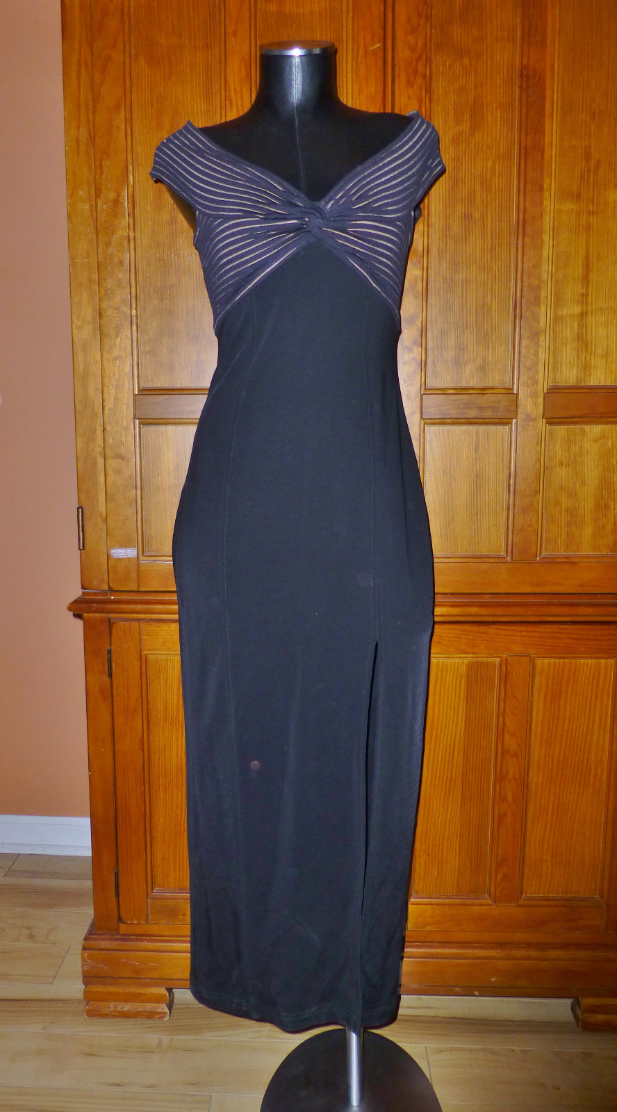 TADASHI Vtg 80s Black Bandage Bodycon Slit Evening Party Maxi DRESS Gown sz M