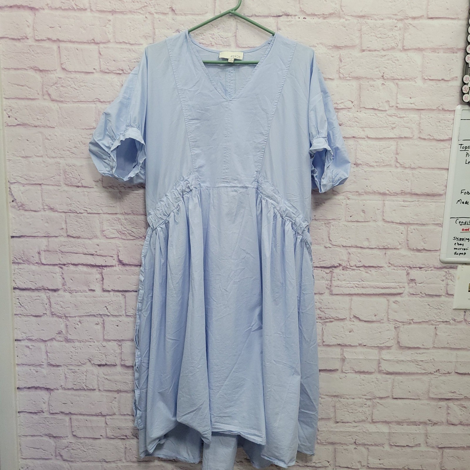 Pinch Light Blue V-Neck Puff Sleeve Midi Dress L Drawstring Cottagecore Coquette