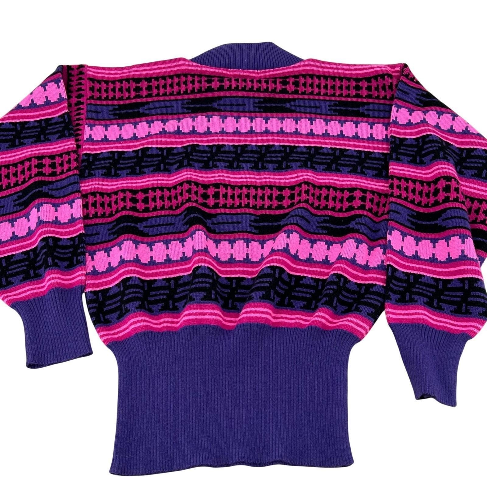 Serac Sweater Womens L Purple Pink Geometric Wool Blend Vintage 80s Retro Ski