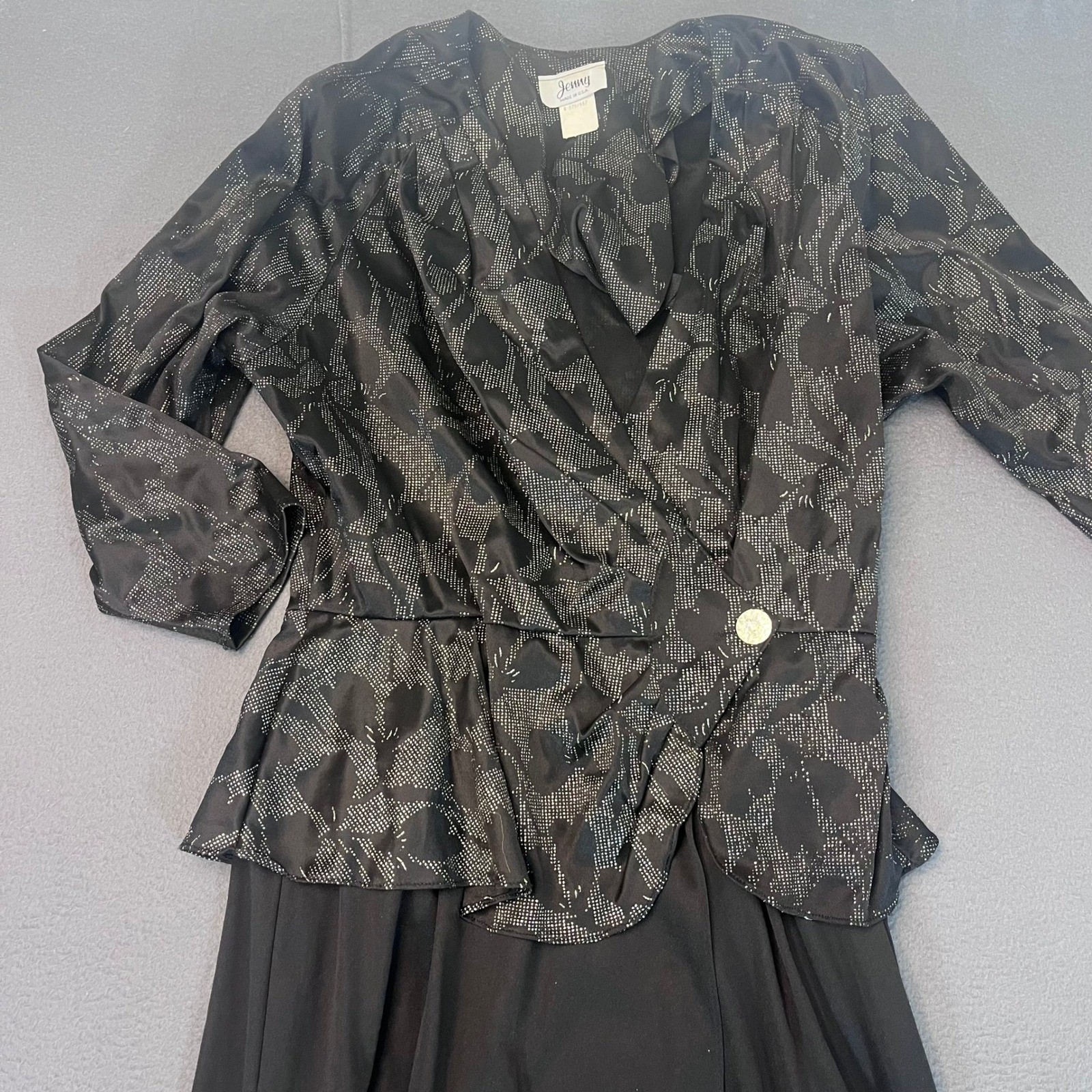 Vintage Jenny Black Silver Metallic Peplum Maxi Dress Size 12 Made in USA Floral