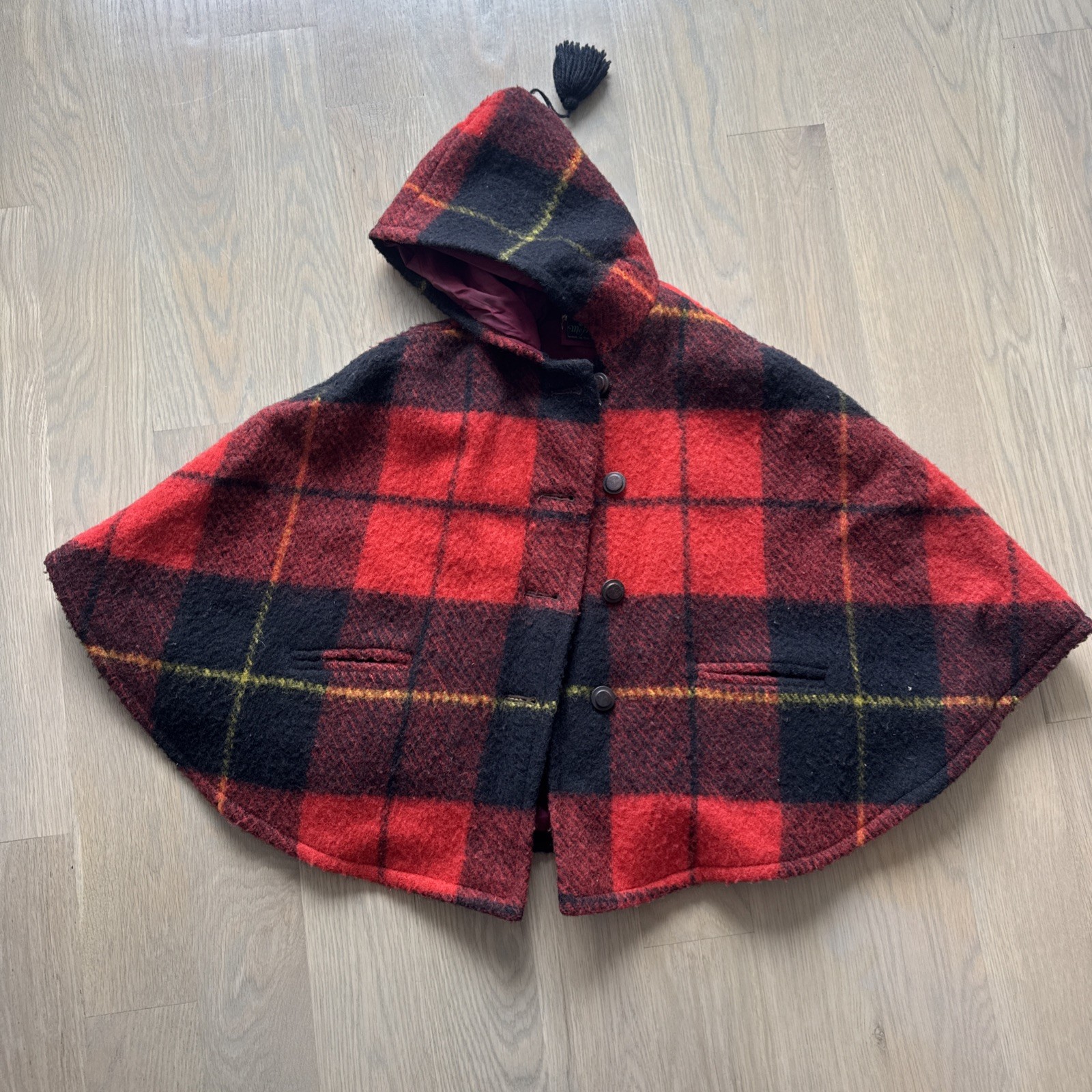 Serenade Models Merrywear Foxford Fabrics Plaid Wool Child’s Cape with Hood -Red