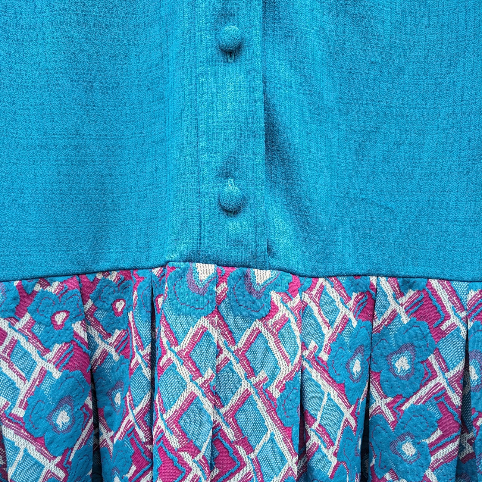 Vintage Mod Scooter Dress Large 60s 70s Blue Pleated Drop Waist Floral Button Up
