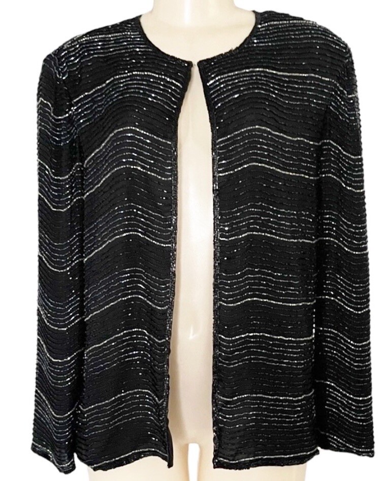 80s Laurence Kazar Hand Beaded Silk Jacket Black Wedding Guest Formal Blazer L