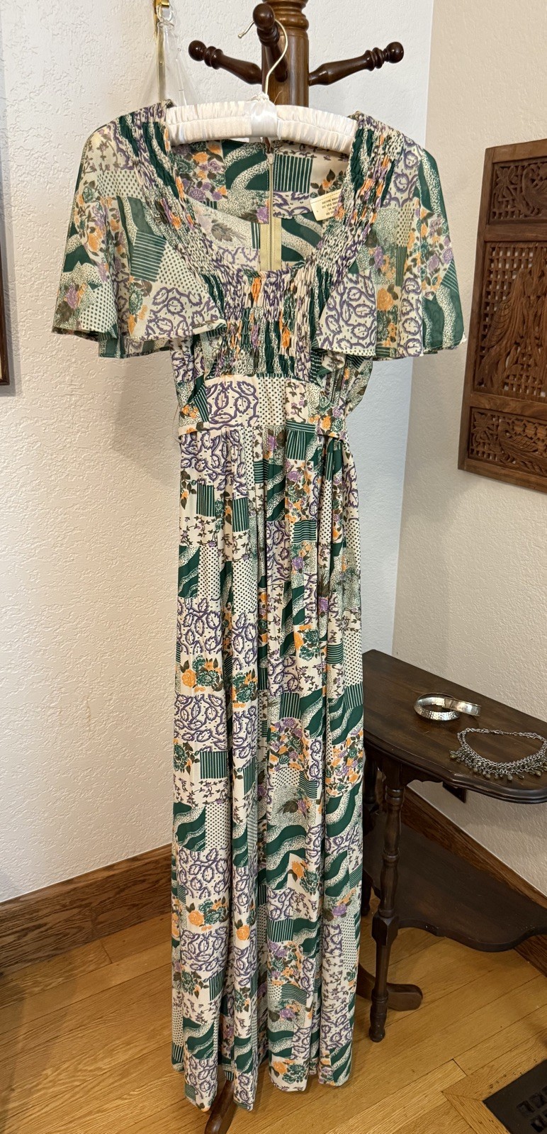 Vintage Handmade NWOT Polyester Patchwork Maxi Dress Smocked Tie Waist Small