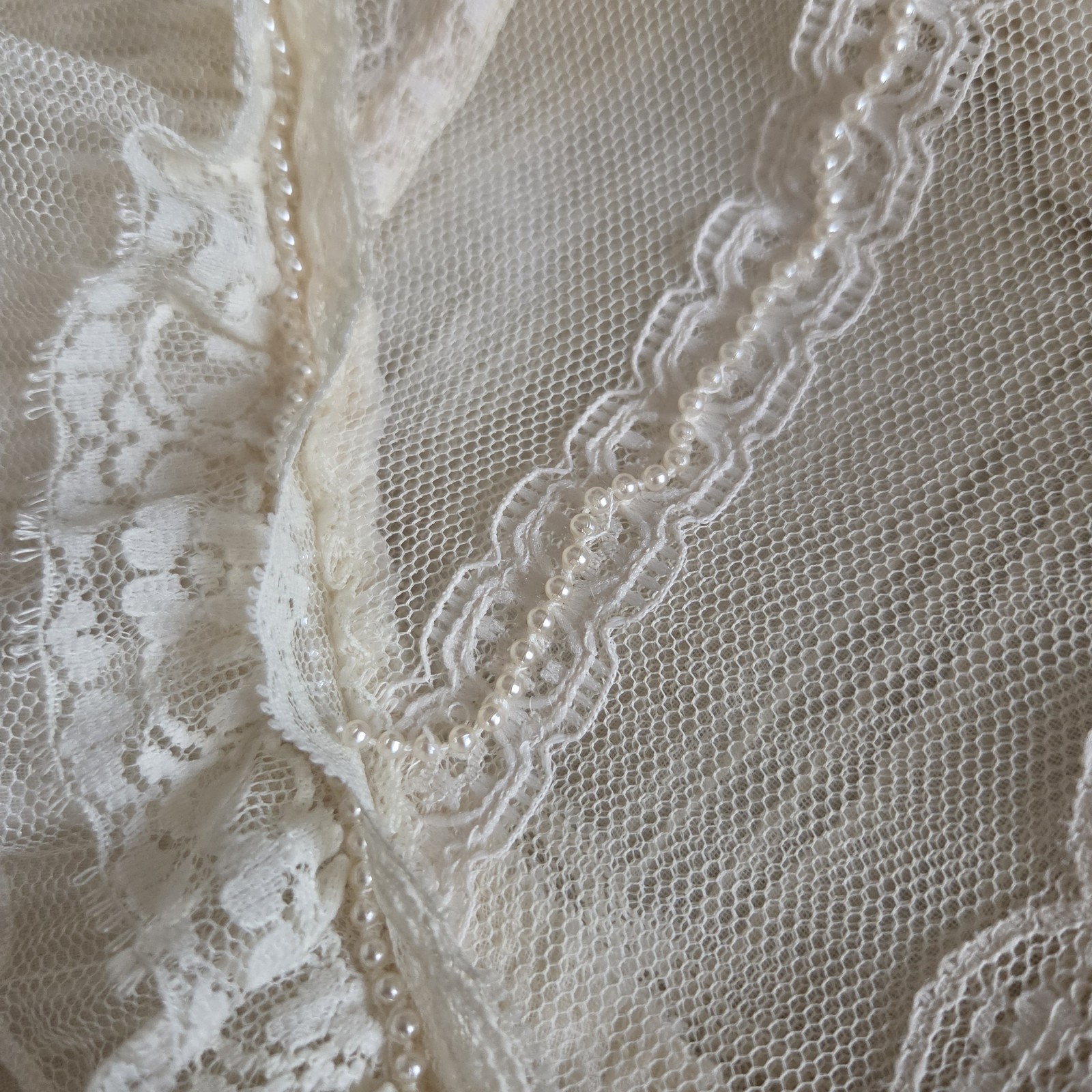 Gunnies Ivory Sheer Lace Blouse High Neck Ruffle Pearl Button Long Sleeve