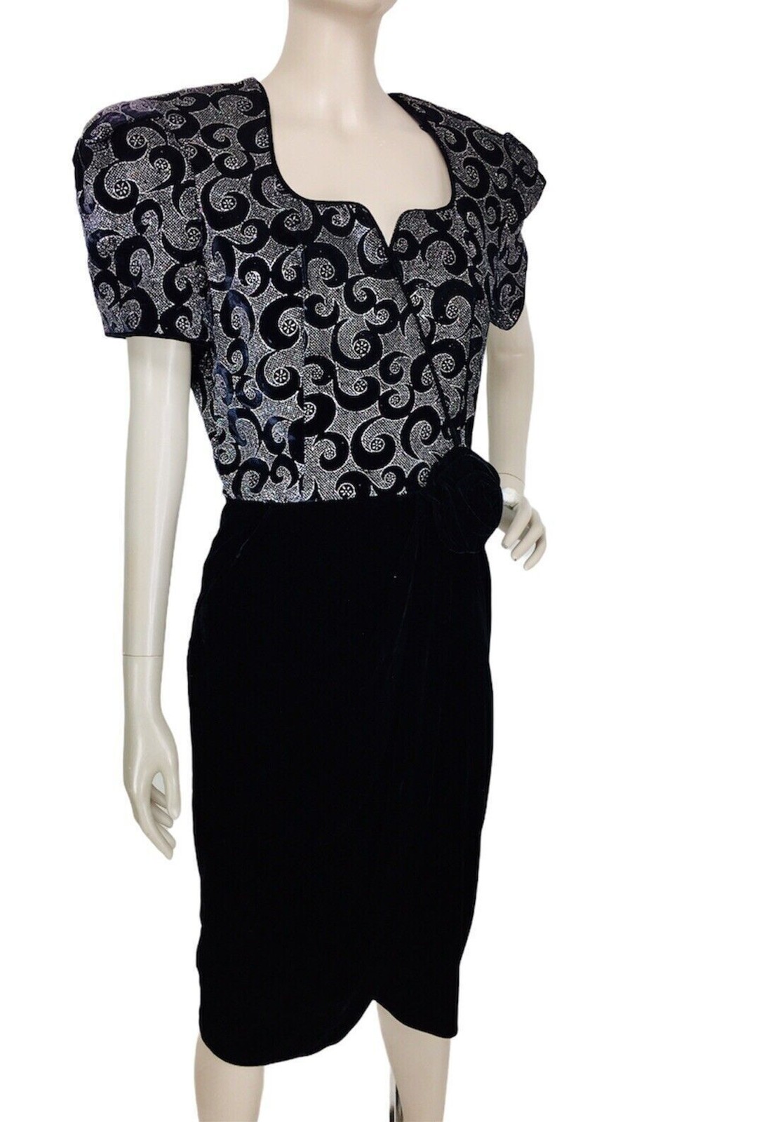 Vintage Velvet Glitter Swirl Puff Sleeve Faux Wrap Rosette Cocktail Wiggle Dress