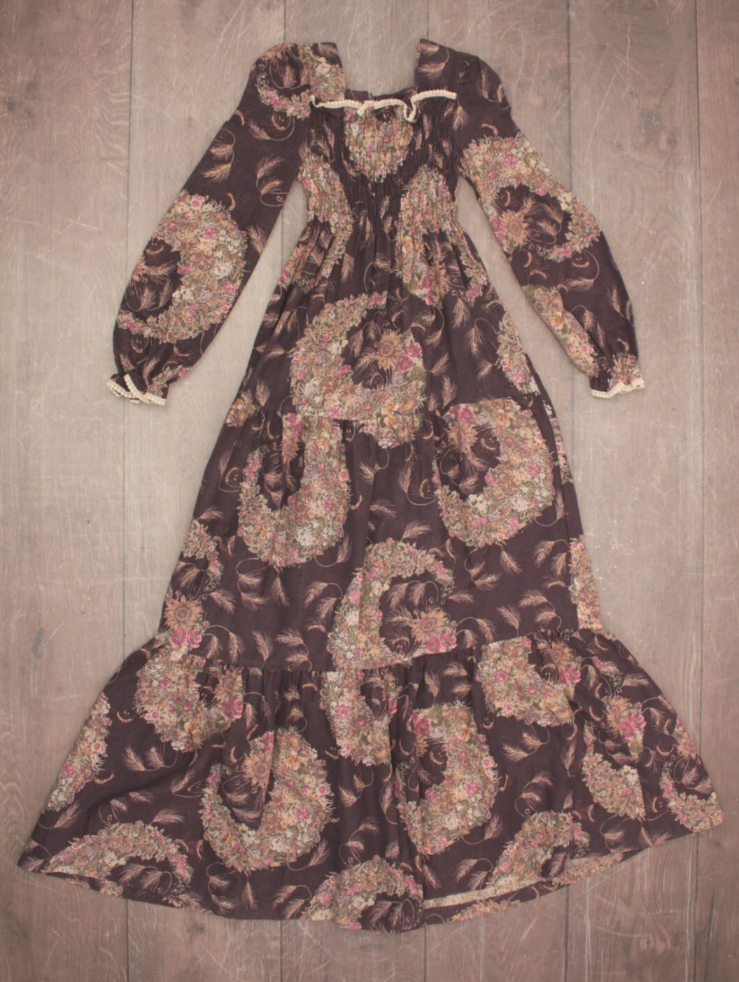 Vtg Women’s 70s Eggplant & Brown Floral Peasant Prairie Maxi Dress XXS/XS 1970s