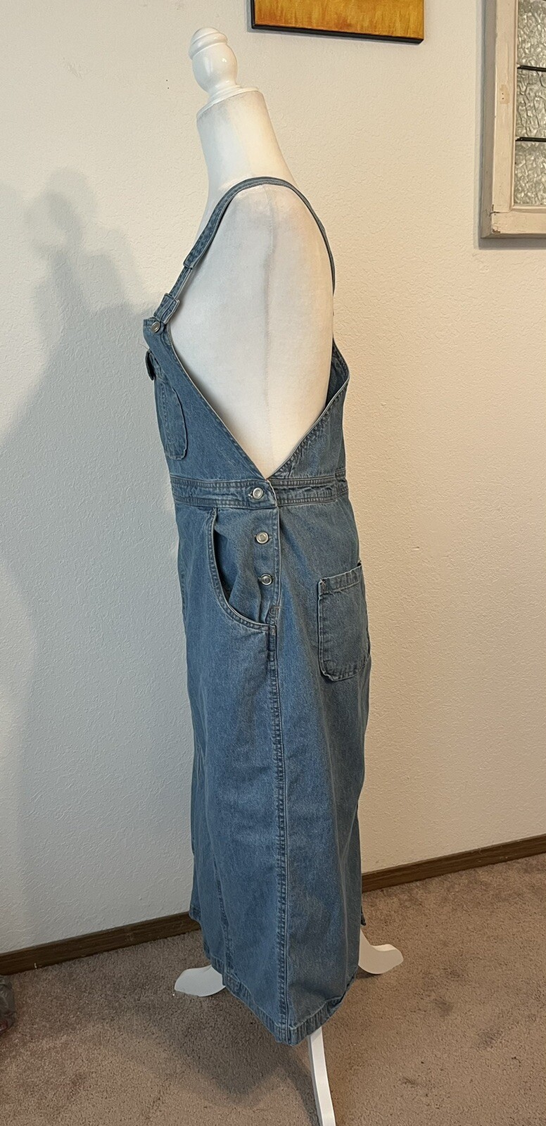 Vintage 90’s Expressions Blue Denim Overall Midi Dress Wm Md Pockets