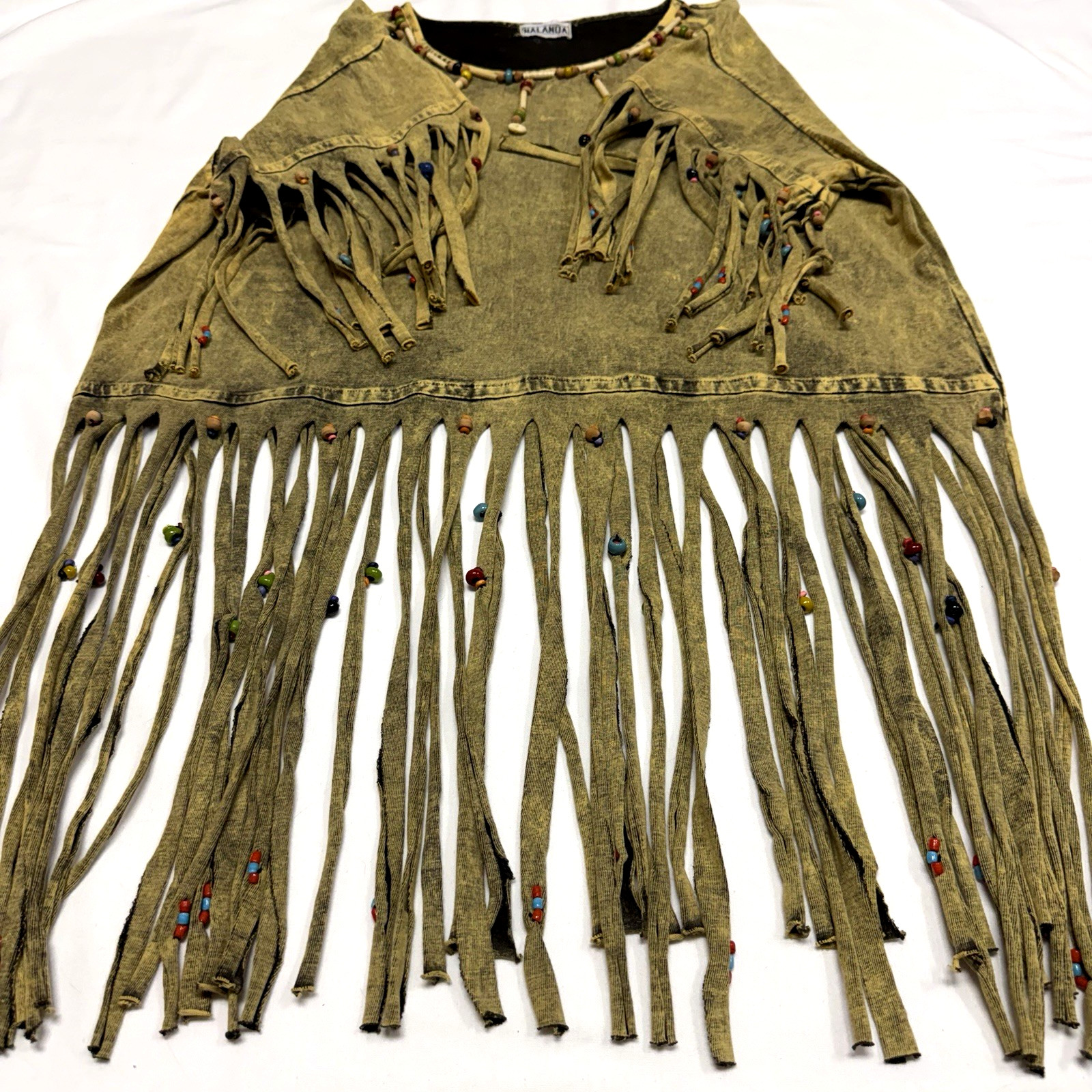 Archive Vtg 90s Nalanda Japan Acid Wash Fringe Beaded Top Native Western M L