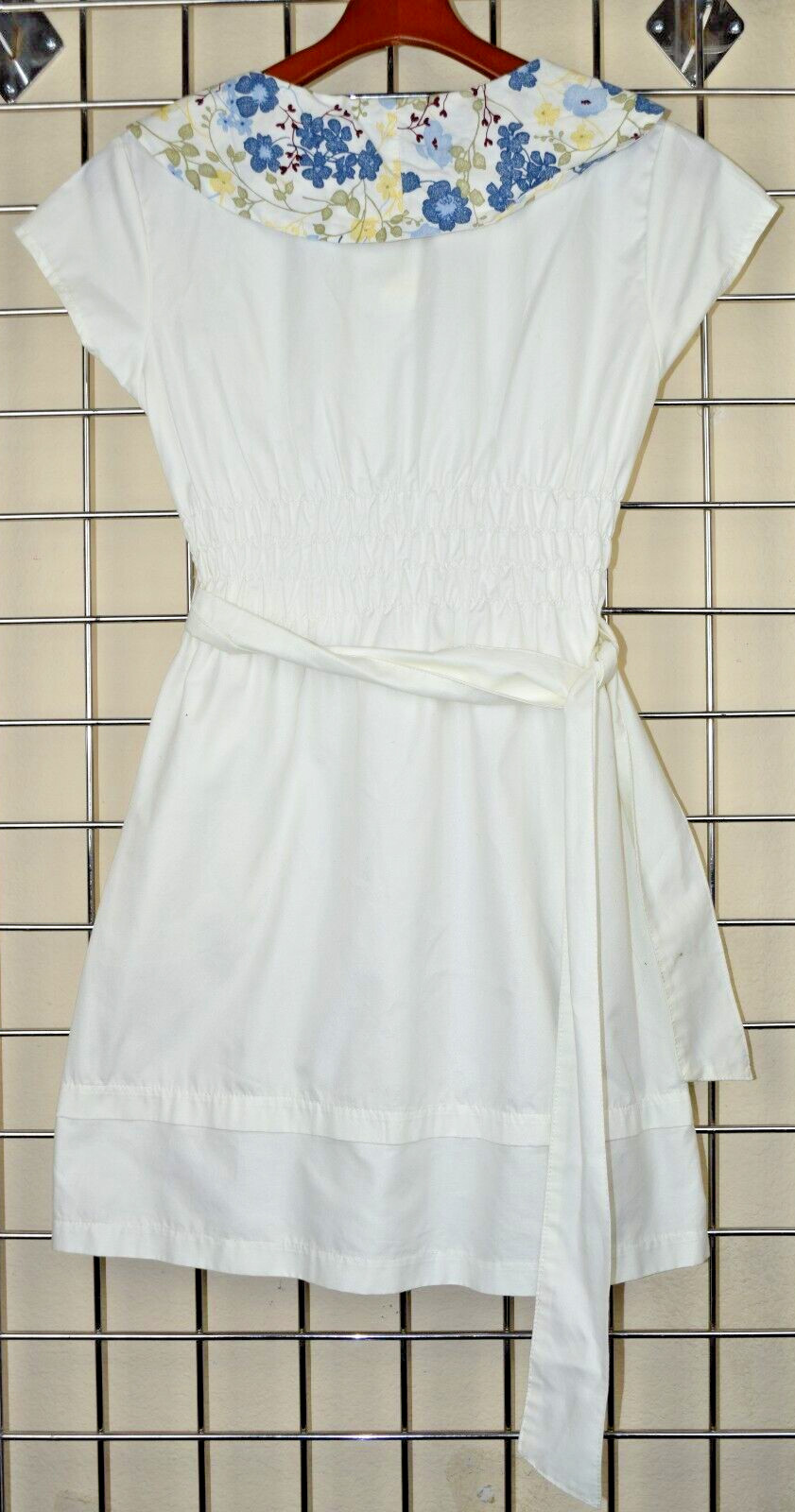Vintage Dress Size S 70s White Blue Yellow Floral Neck Trim Belt Tie