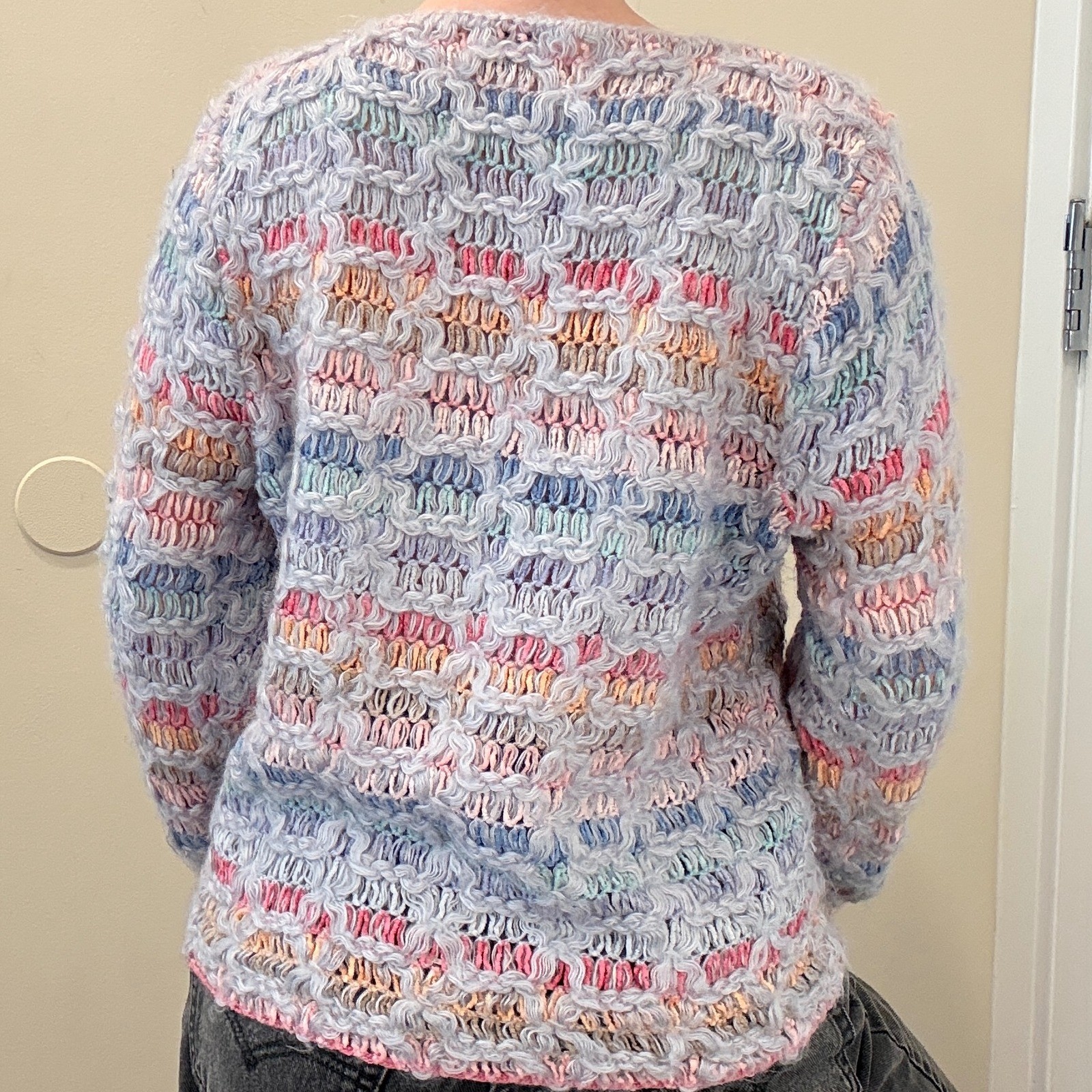 VTG 80s Bonnie and Bill Pastel Rainbow Textured Open Knit Sweater Granny Small