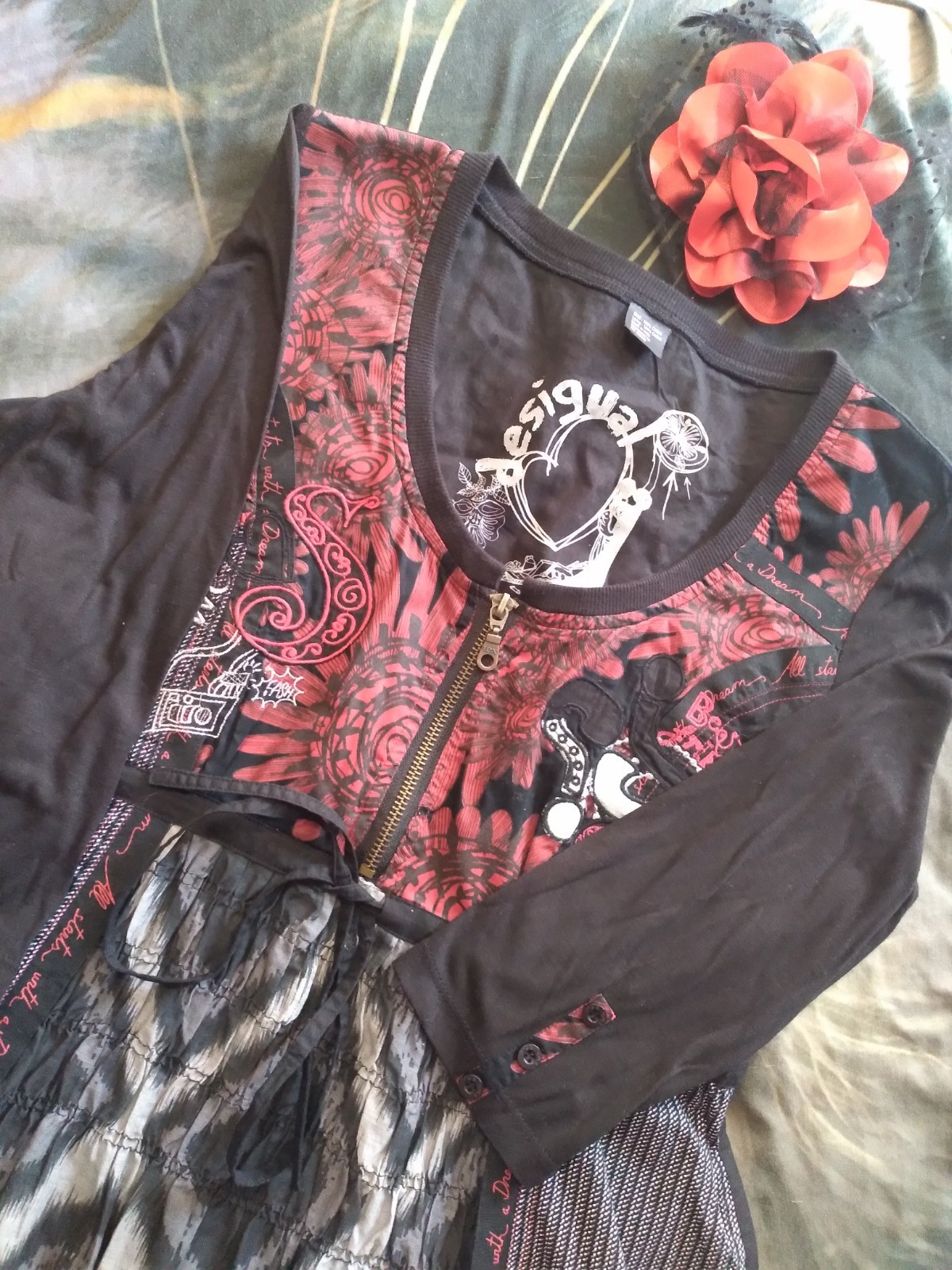 Vintage Desigual Dress Black Red Cotton Ruffle Hem Gothic Art Graffiti India