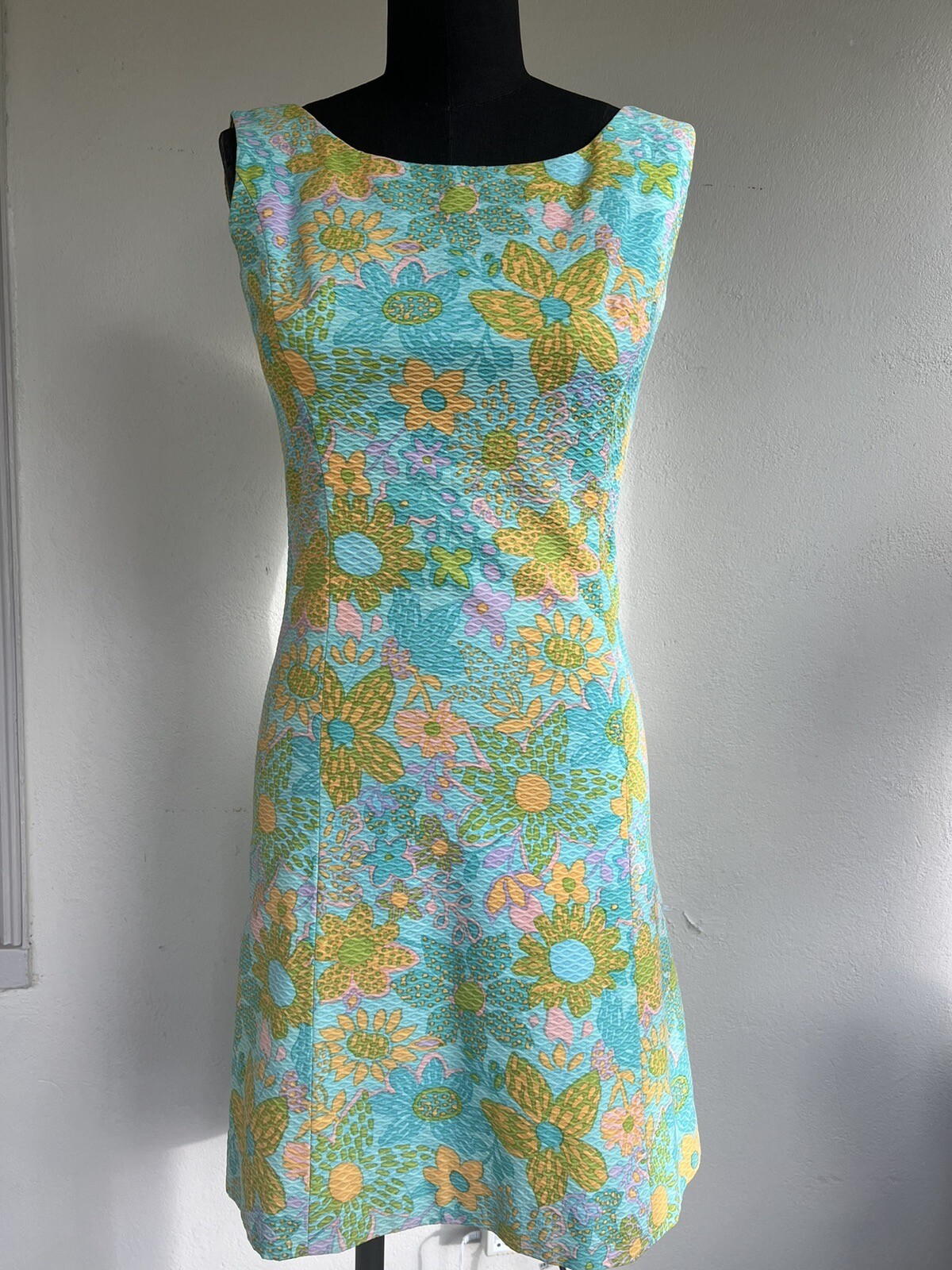 VTG 1960’s Green Pink Orange Damask Floral Shabby Chic Sun Mini Dress S M GREAT
