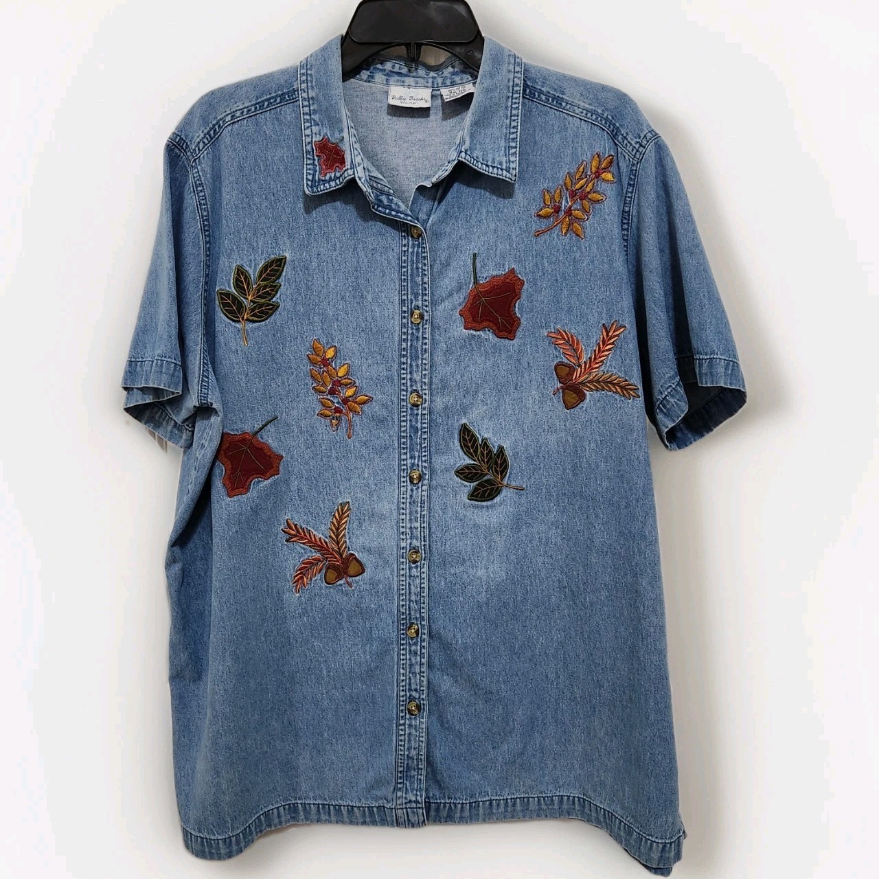 Vtg Bobbie Brooks Chambray Button Up Short Sleeve Shirt Embroidered Fall Leaves
