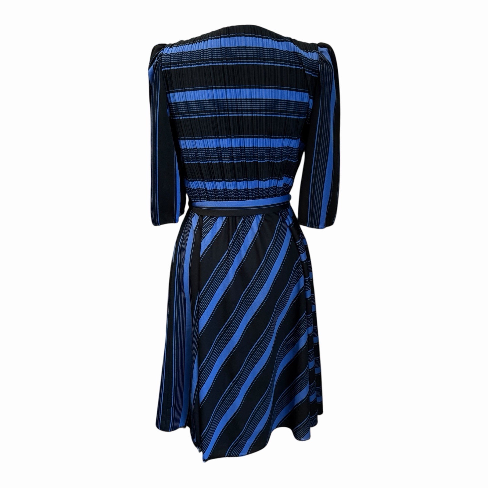 Vintage 70s S.L. Petites Blue Black Striped Tie Waist Midi Dress Made in USA S/M